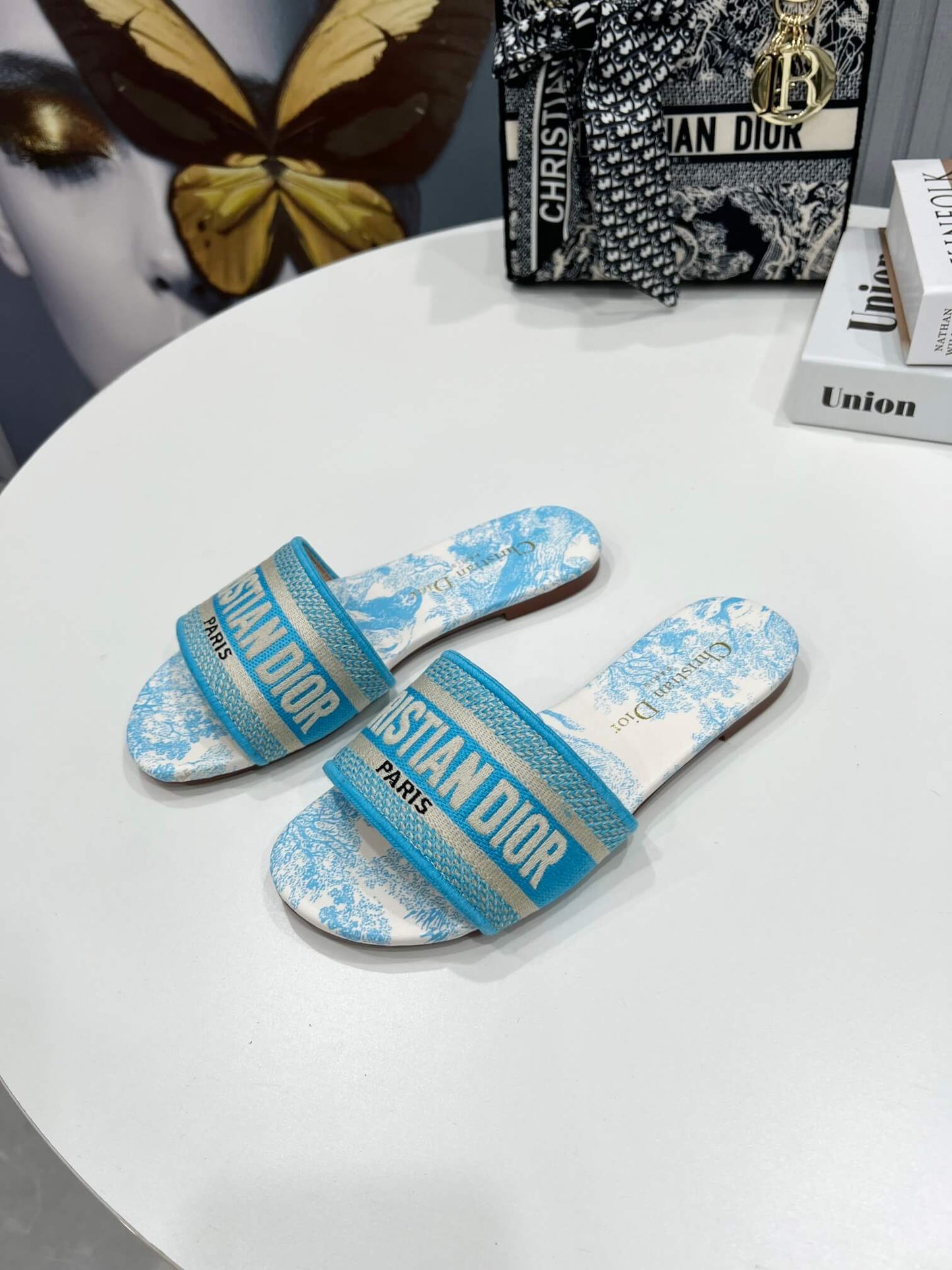 Dior Dway Sky Blue Toile de Jouy with Blue Embroidered Strap Slide Sandals