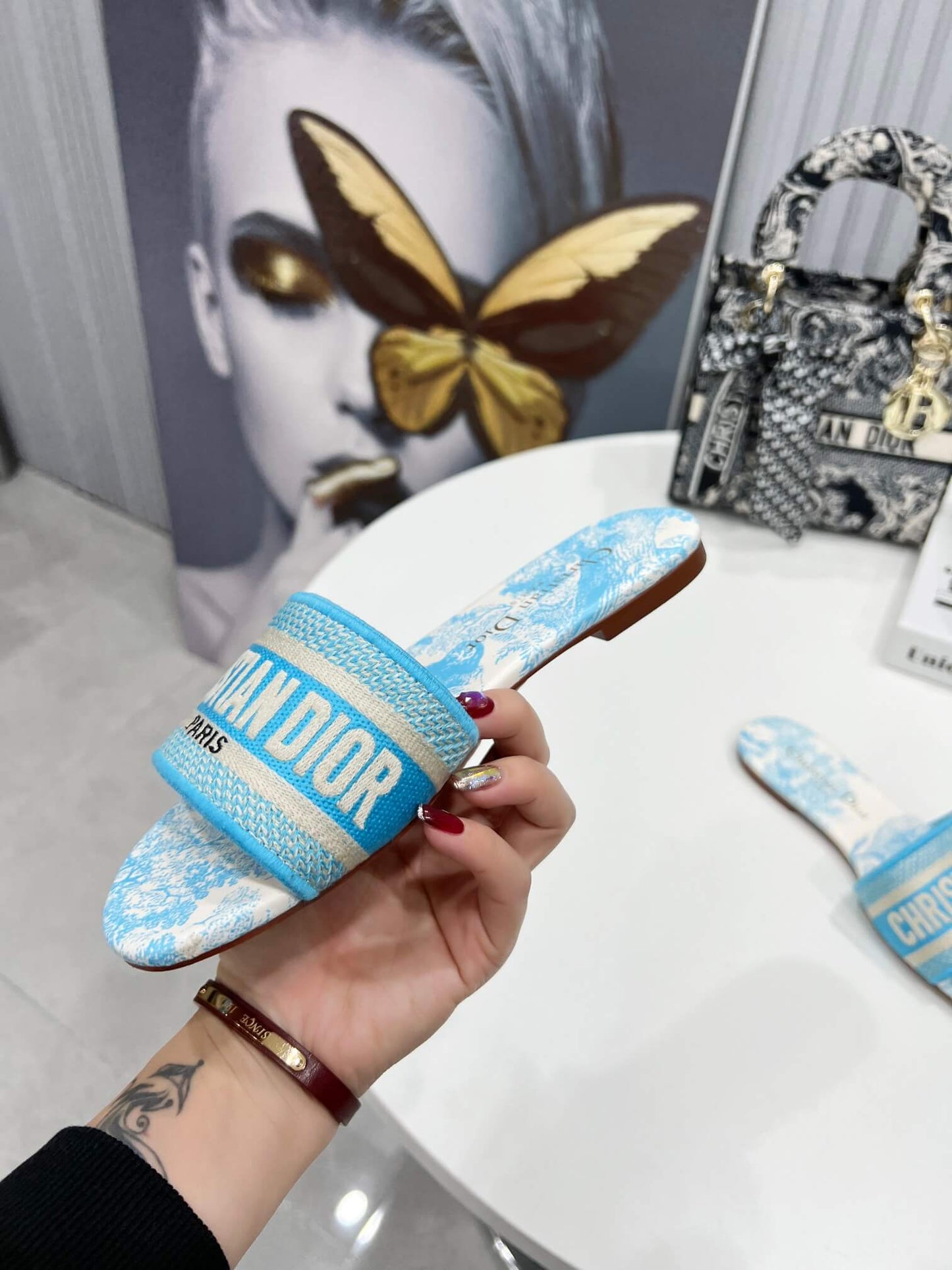 Dior Dway Sky Blue Toile de Jouy with Blue Embroidered Strap Slide Sandals