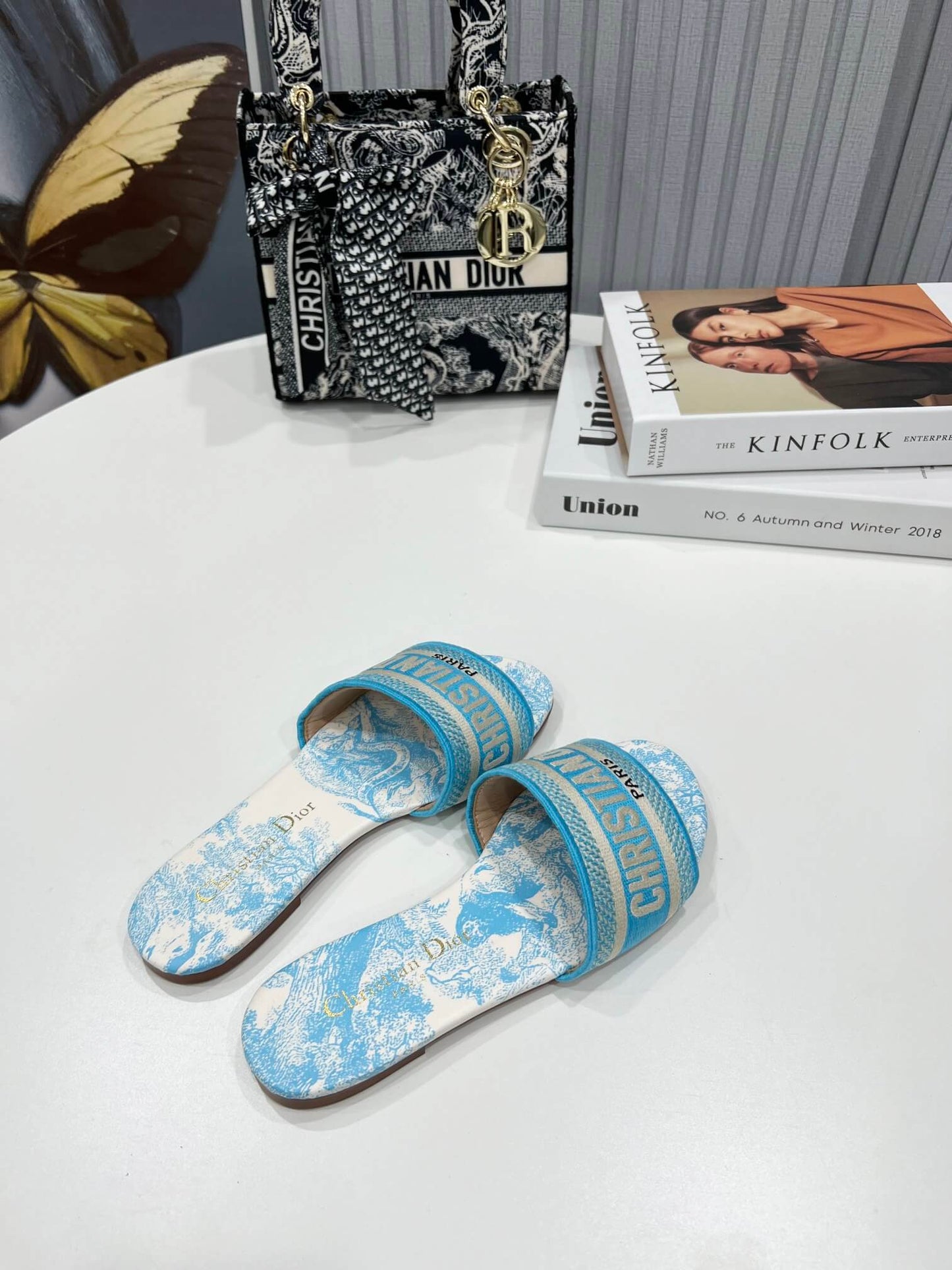 Dior Dway Sky Blue Toile de Jouy with Blue Embroidered Strap Slide Sandals