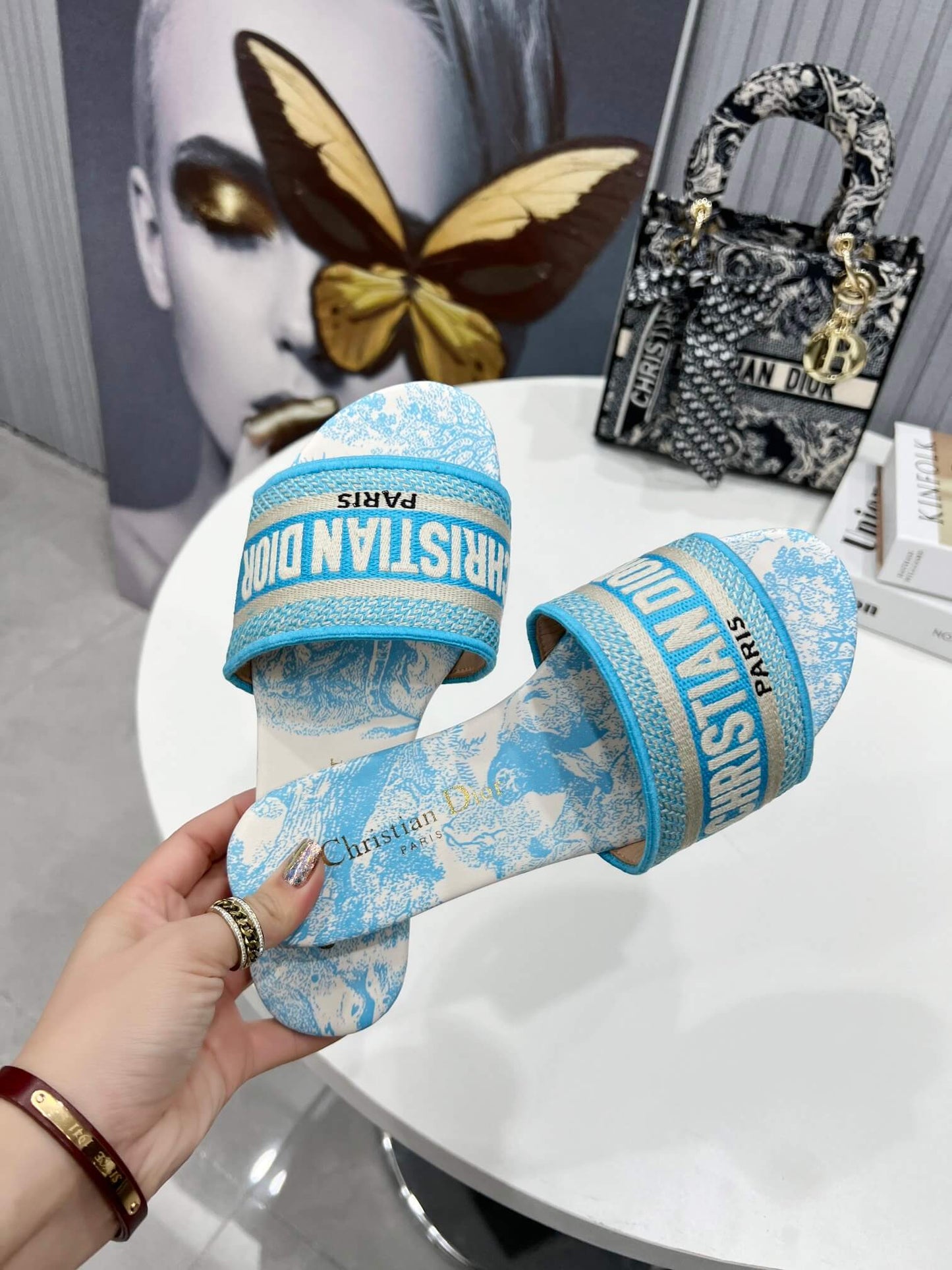 Dior Dway Sky Blue Toile de Jouy with Blue Embroidered Strap Slide Sandals