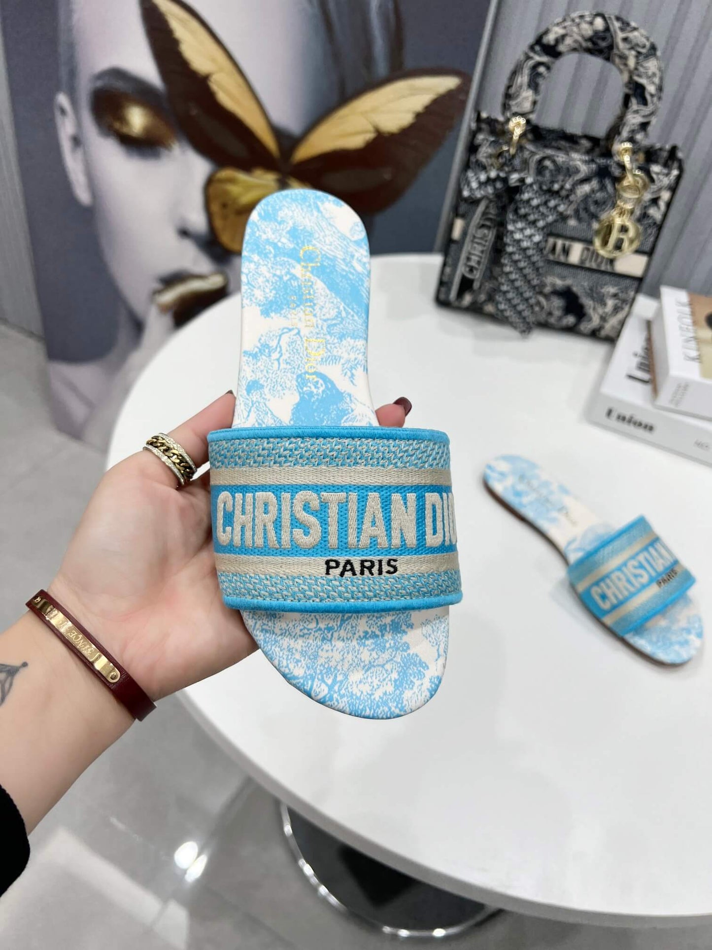 Dior Dway Sky Blue Toile de Jouy with Blue Embroidered Strap Slide Sandals