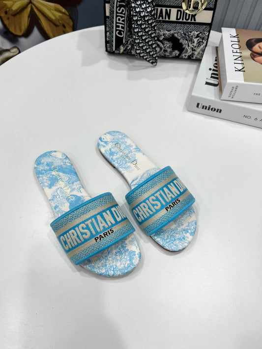 Dior Dway Sky Blue Toile de Jouy with Blue Embroidered Strap Slide Sandals