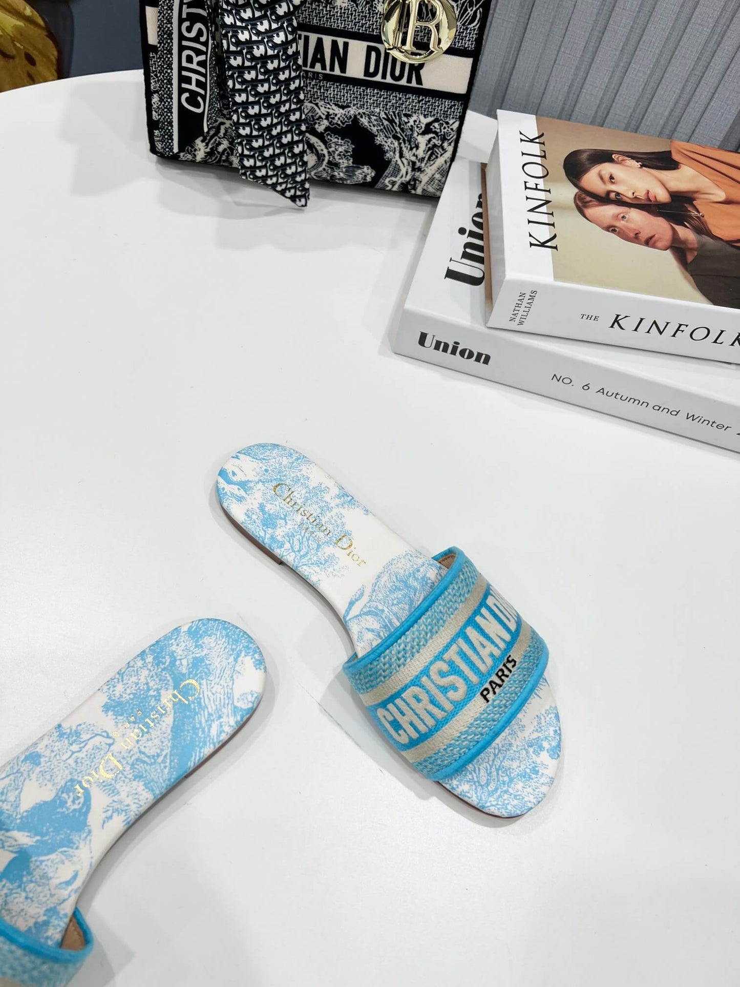 Dior Dway Sky Blue Toile de Jouy with Blue Embroidered Strap Slide Sandals