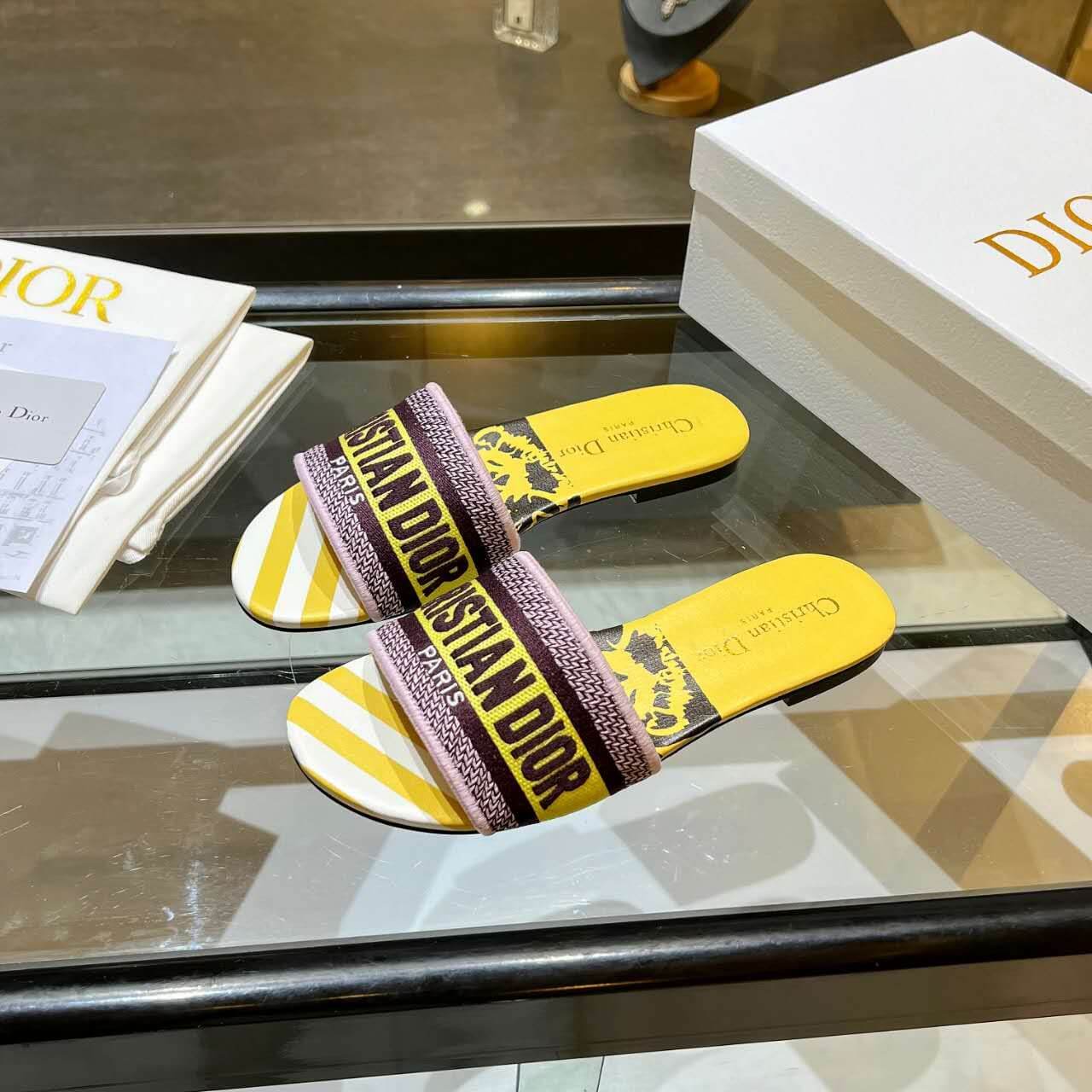 Dior Dway Yellow Multicolor with Purple and Gold Embroidered Strap Slide Sandals
