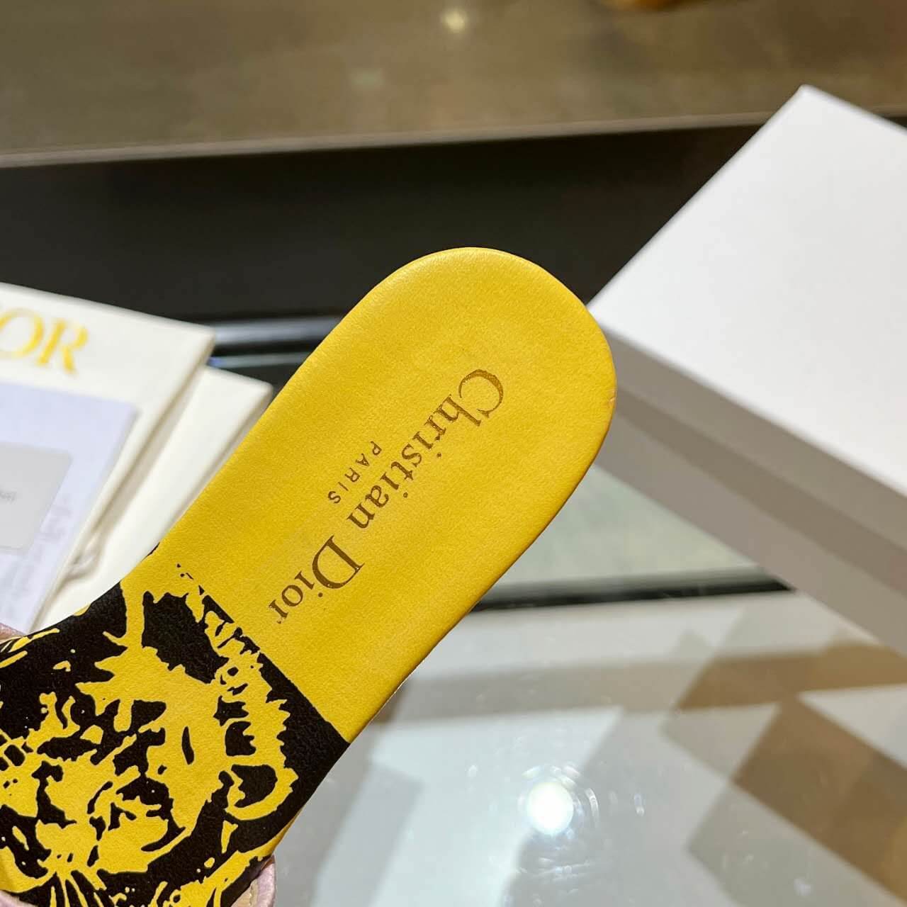 Dior Dway Yellow Multicolor with Purple and Gold Embroidered Strap Slide Sandals