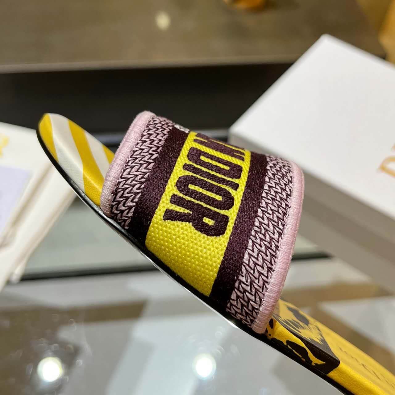 Dior Dway Yellow Multicolor with Purple and Gold Embroidered Strap Slide Sandals