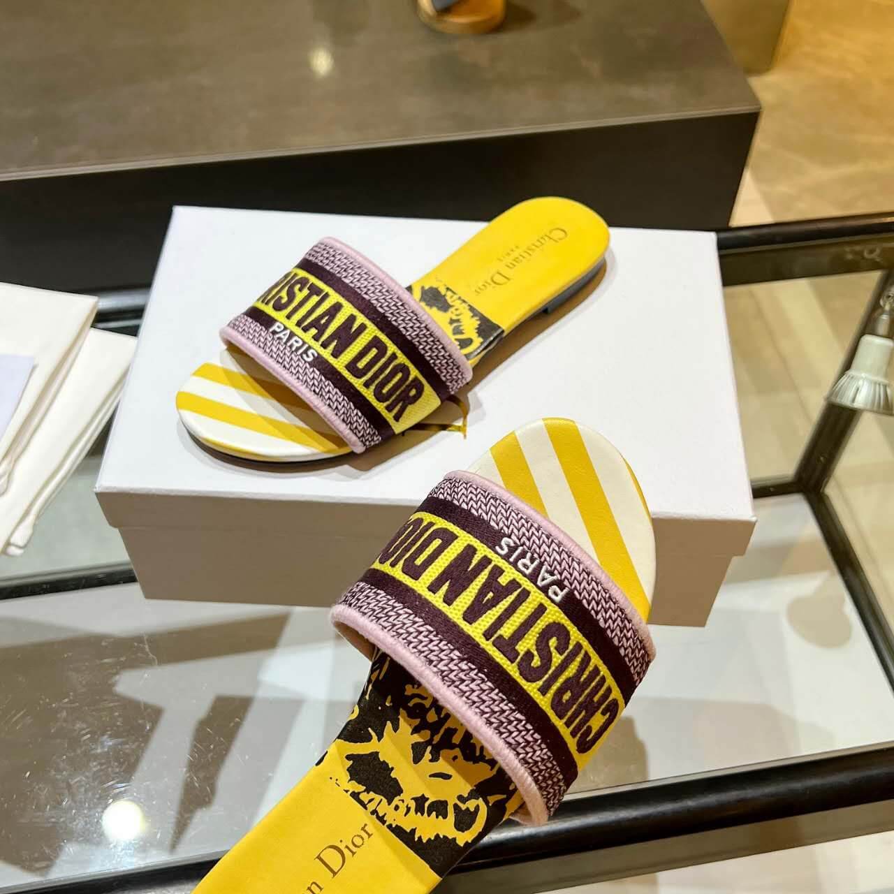 Dior Dway Yellow Multicolor with Purple and Gold Embroidered Strap Slide Sandals