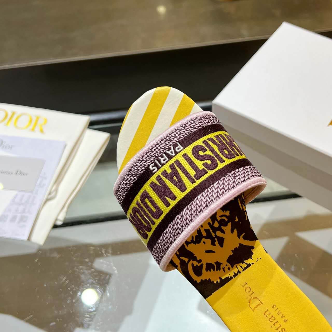 Dior Dway Yellow Multicolor with Purple and Gold Embroidered Strap Slide Sandals
