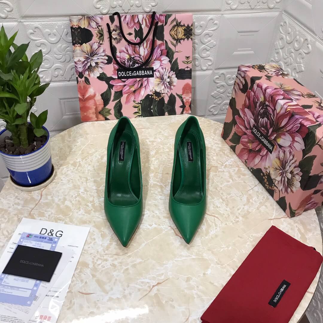 Dolce & Gabbana Green Leather Pumps with Gold Sculptural DG Logo Heel