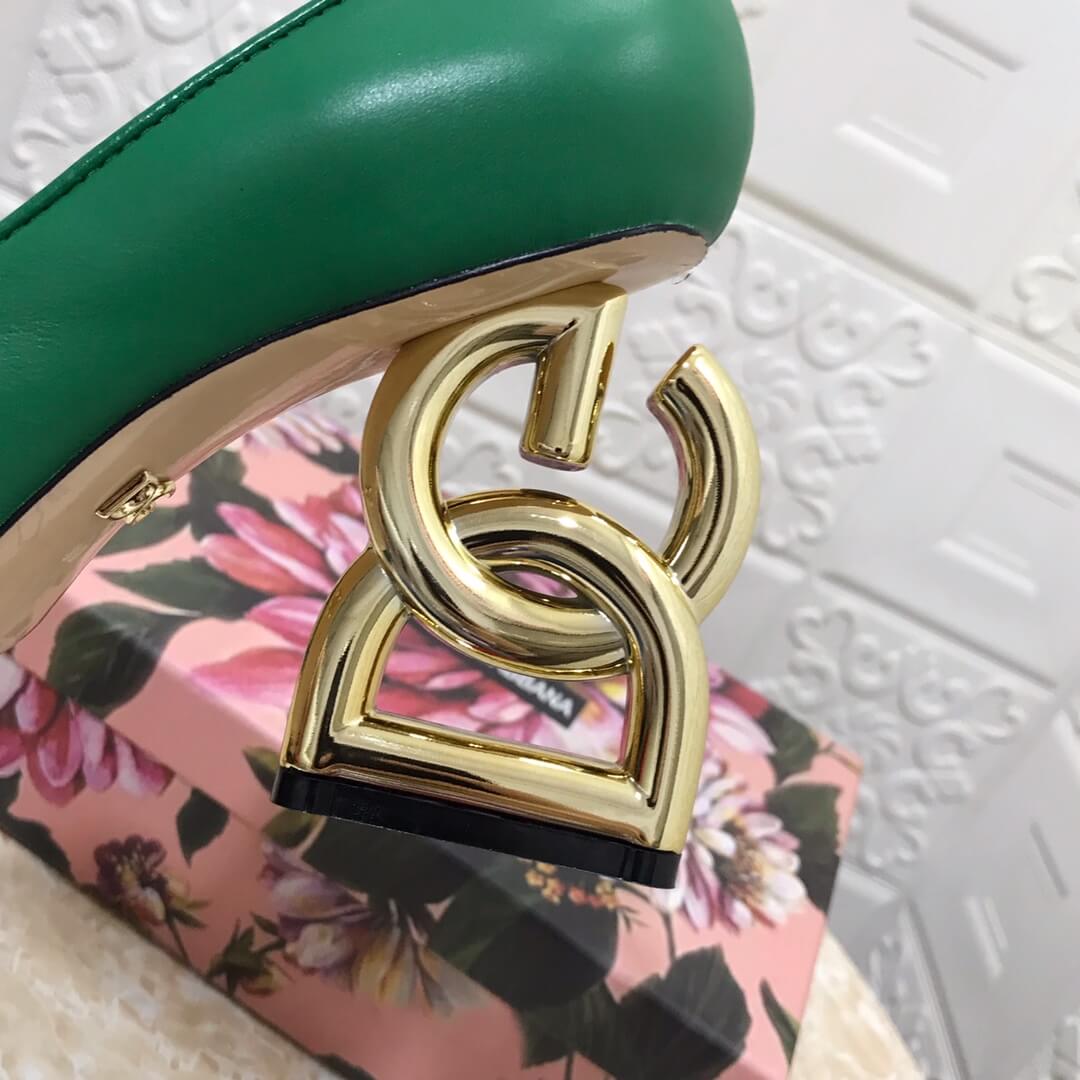 Dolce & Gabbana Green Leather Pumps with Gold Sculptural DG Logo Heel