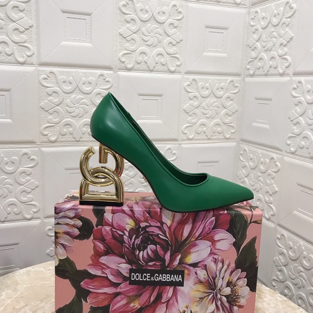 Dolce & Gabbana Green Leather Pumps with Gold Sculptural DG Logo Heel