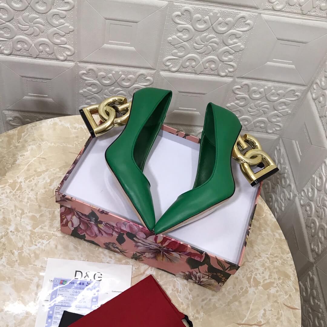 Dolce & Gabbana Green Leather Pumps with Gold Sculptural DG Logo Heel