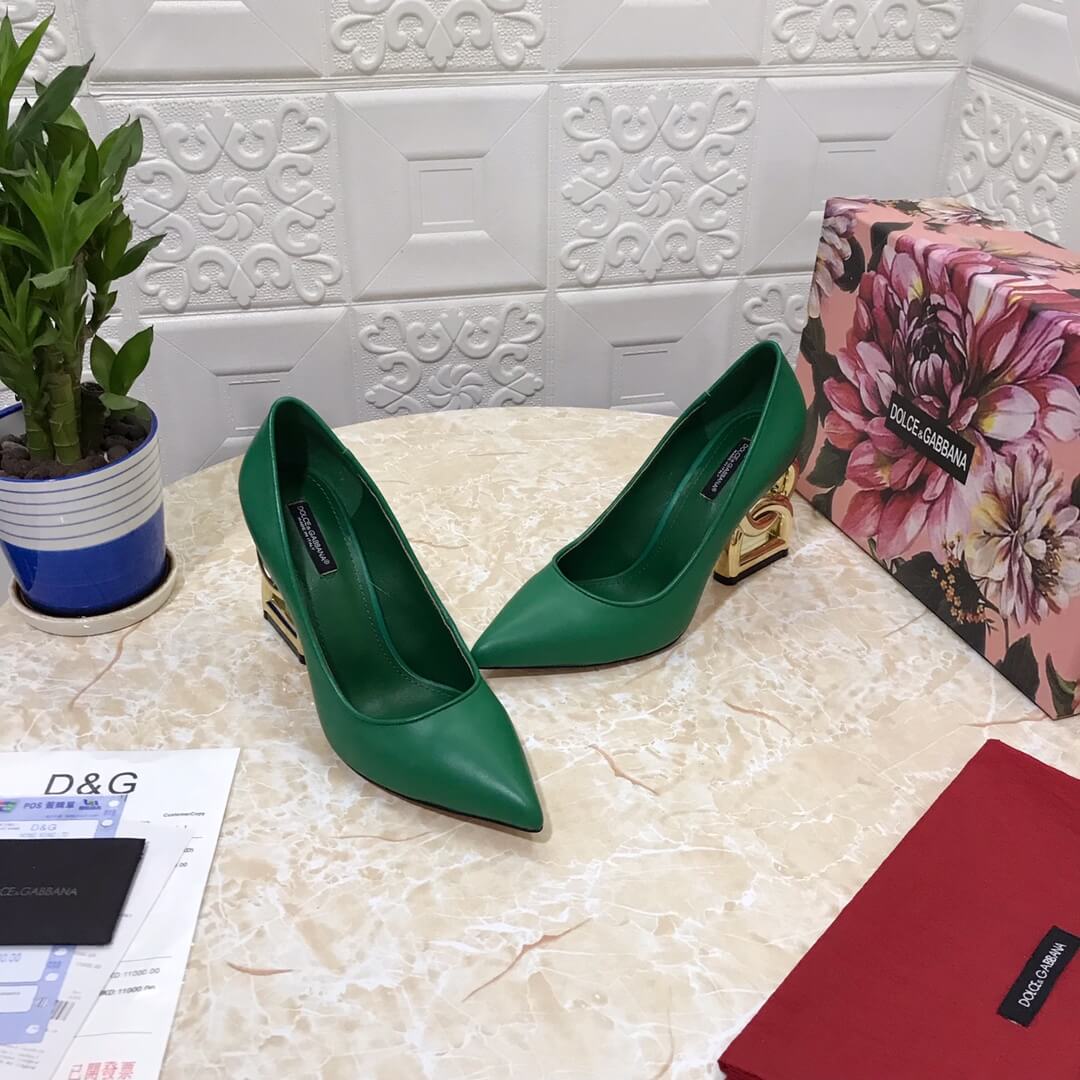 Dolce & Gabbana Green Leather Pumps with Gold Sculptural DG Logo Heel