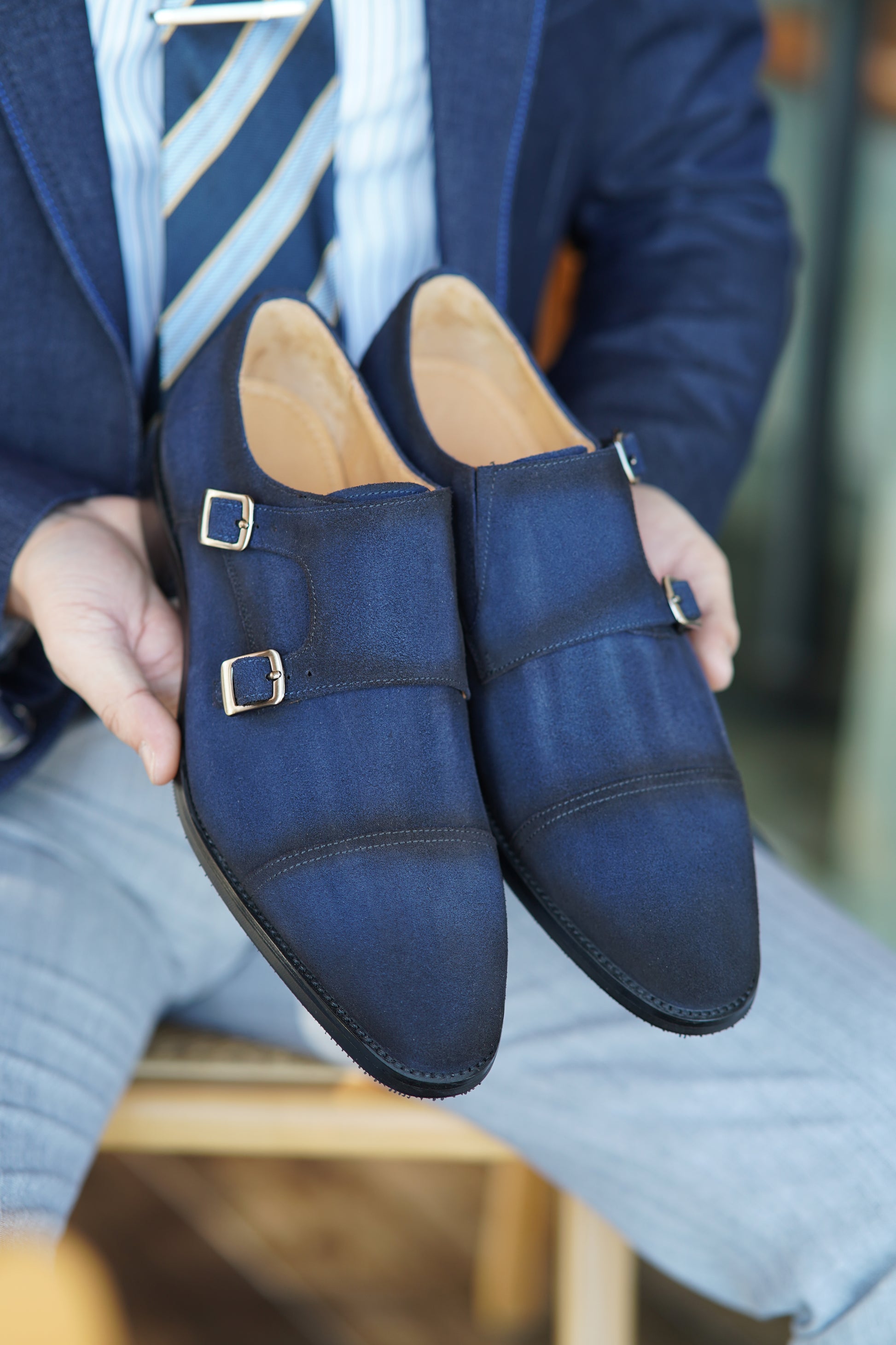 Handcrafted Navy Nubuck Double Monk Strap Shoes – HolloMen