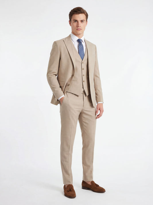 Modern beige prom suit with slim-fit design, perfect for prom kings who want to stand out with sophistication and style.