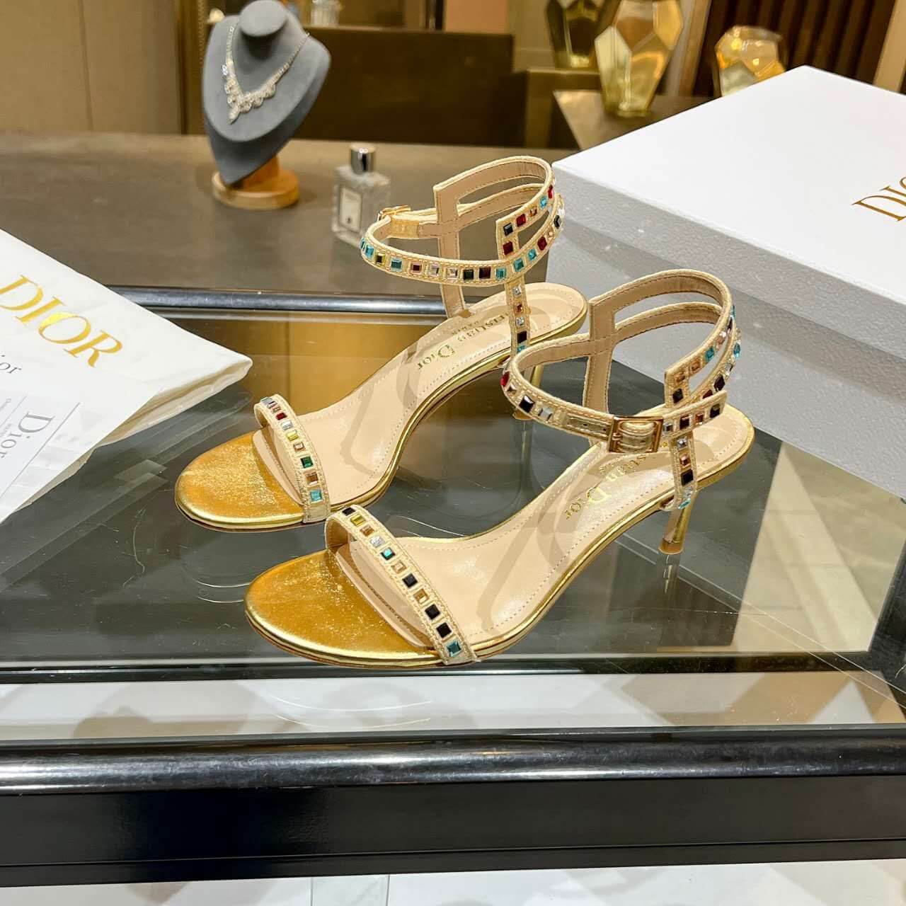 Dior Dway Heeled Sandal Gold with Mixed Pitch Heel