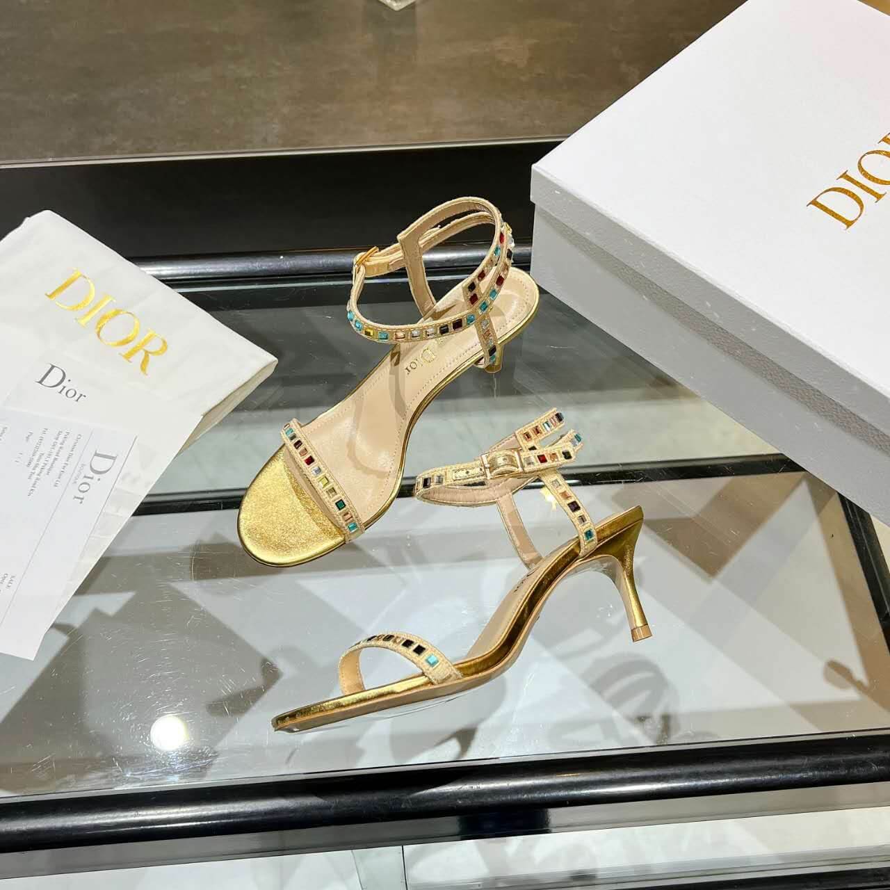 Dior Dway Heeled Sandal Gold with Mixed Pitch Heel