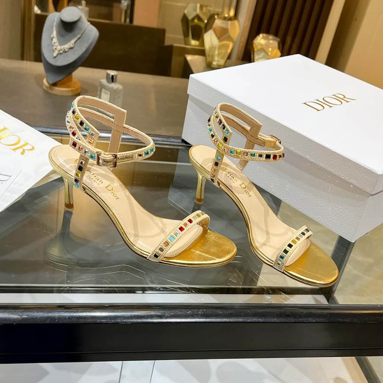 Dior Dway Heeled Sandal Gold with Mixed Pitch Heel