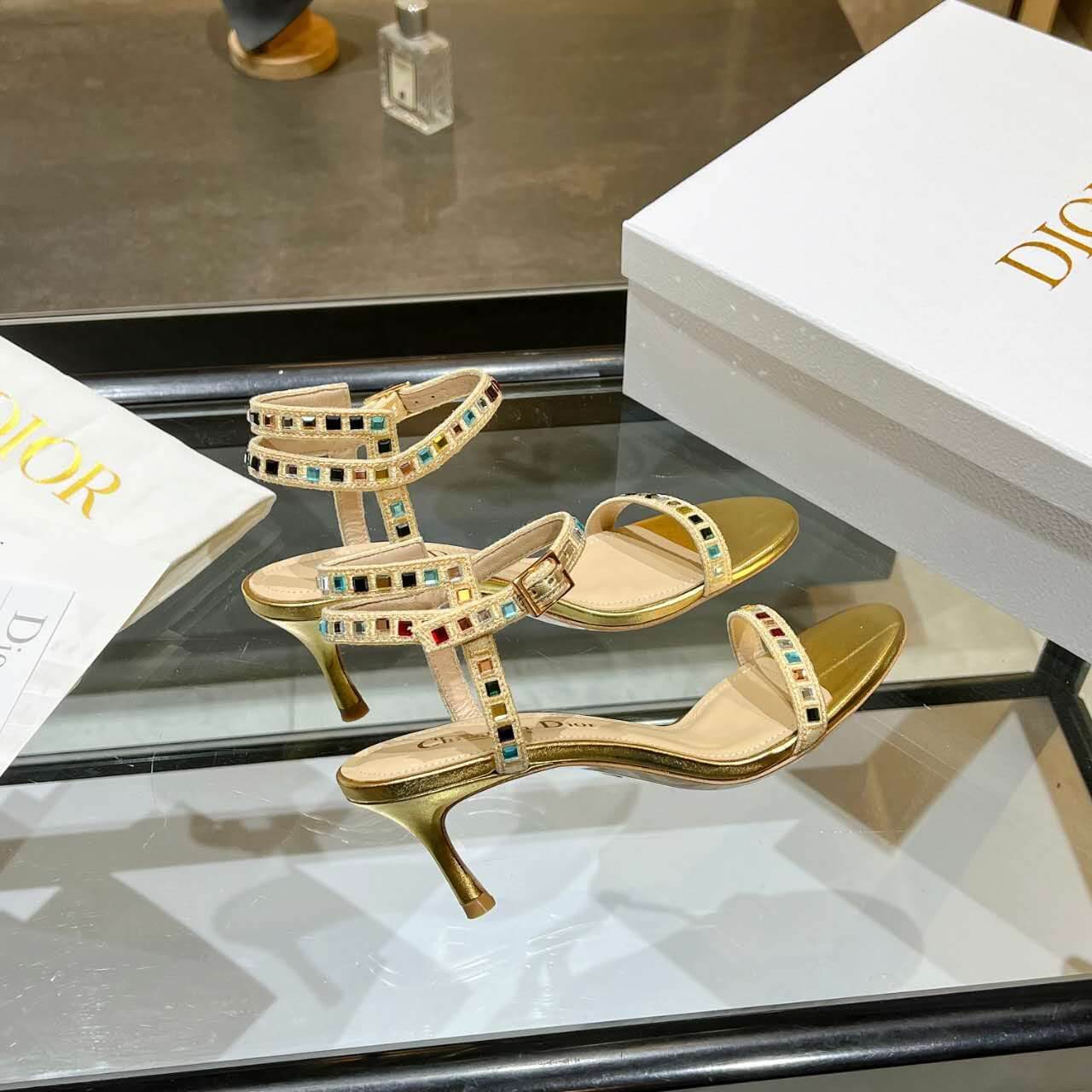 Dior Dway Heeled Sandal Gold with Mixed Pitch Heel