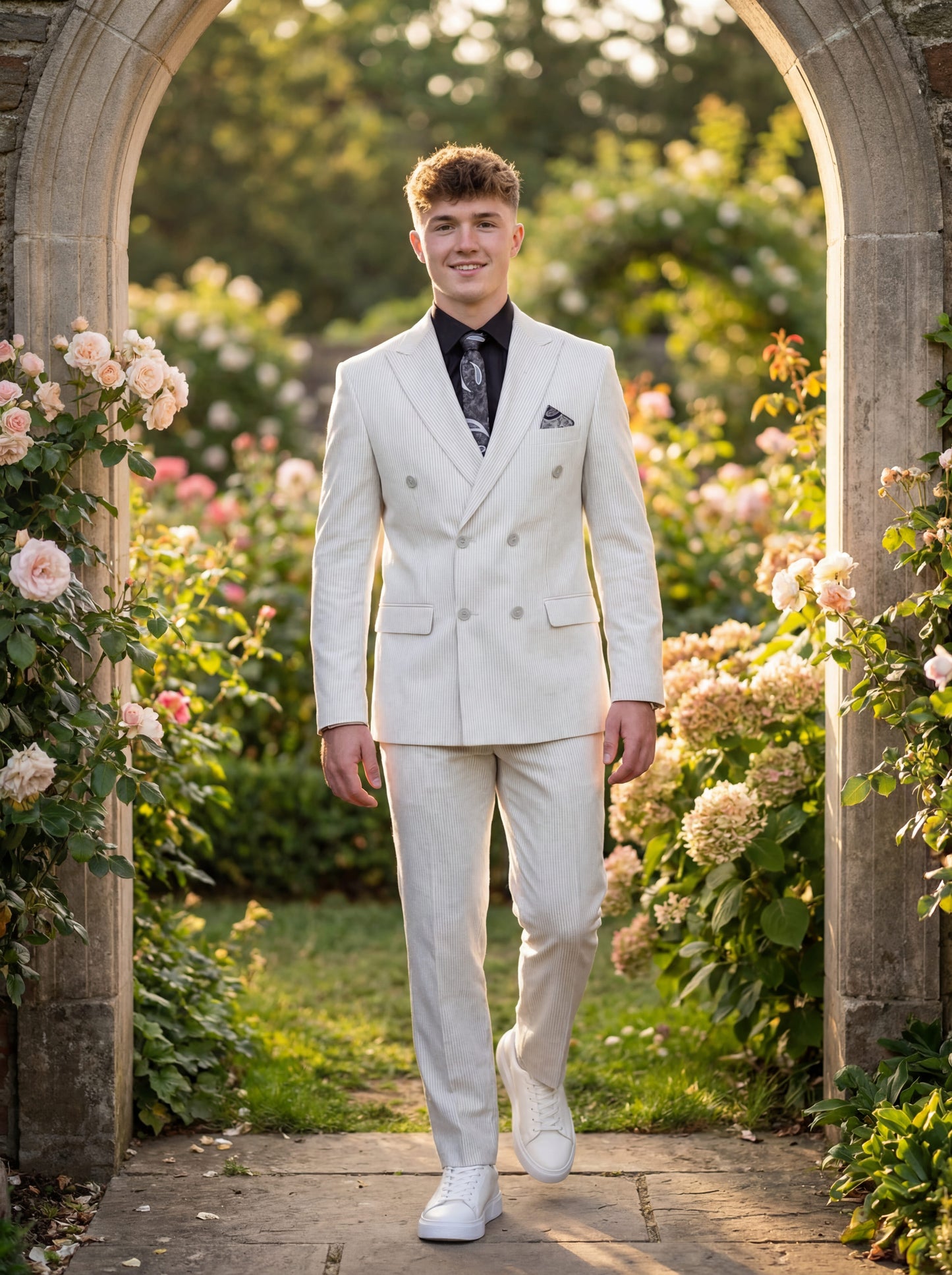 Gray double-breasted pinstripe prom suit worn by young male model at formal event