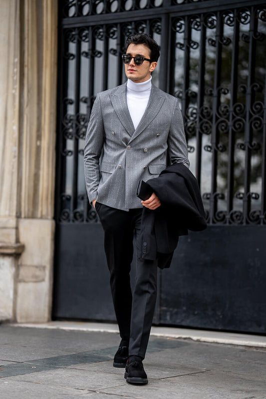 Grey double breasted pinstripe blazer, side view