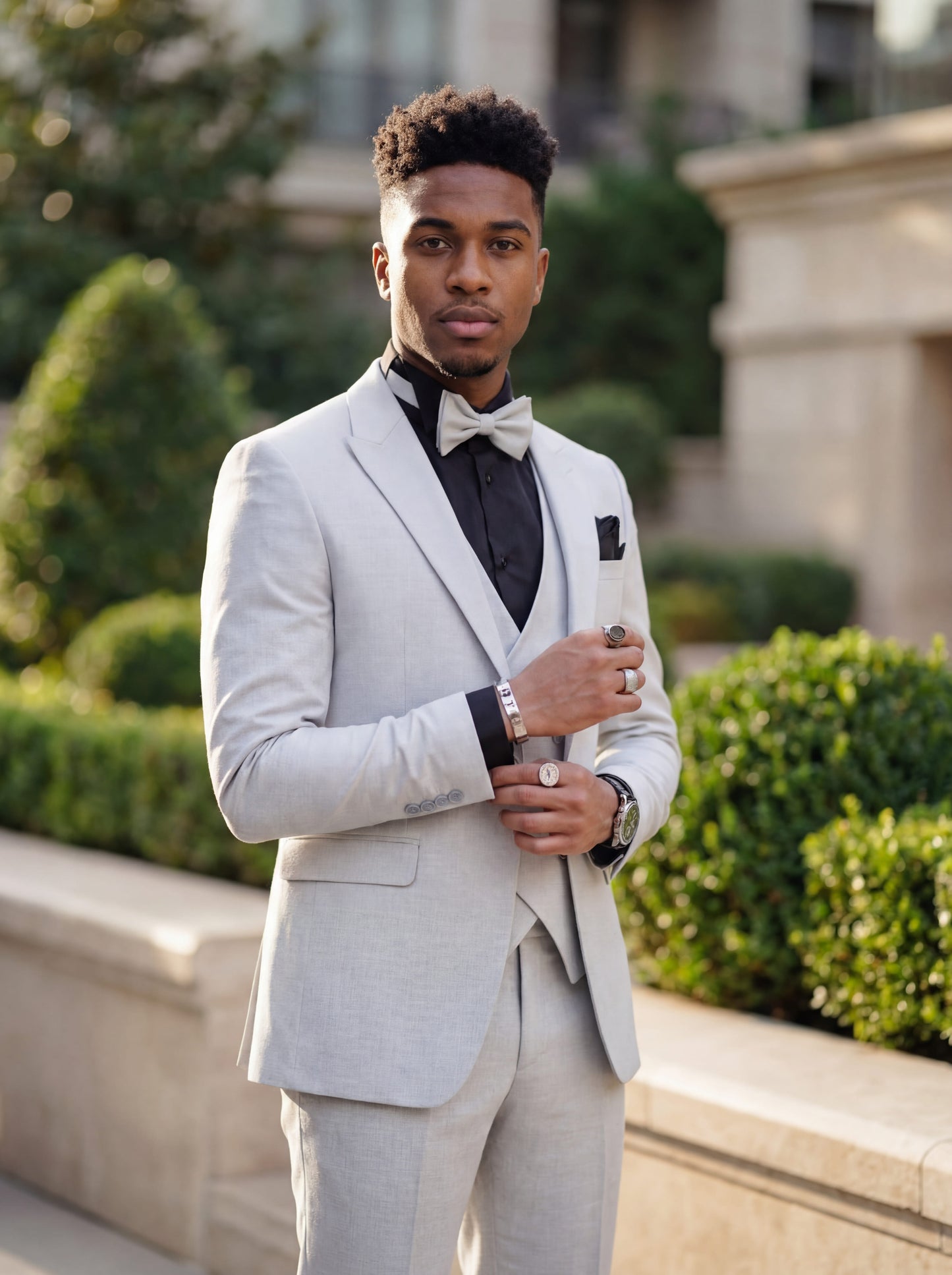 Young man wearing HolloMen's Gray Tuxedo Suit for prom, standing outdoors in a modern setting, featuring a black shirt and a stylish bow tie, showcasing a sleek and sophisticated look.