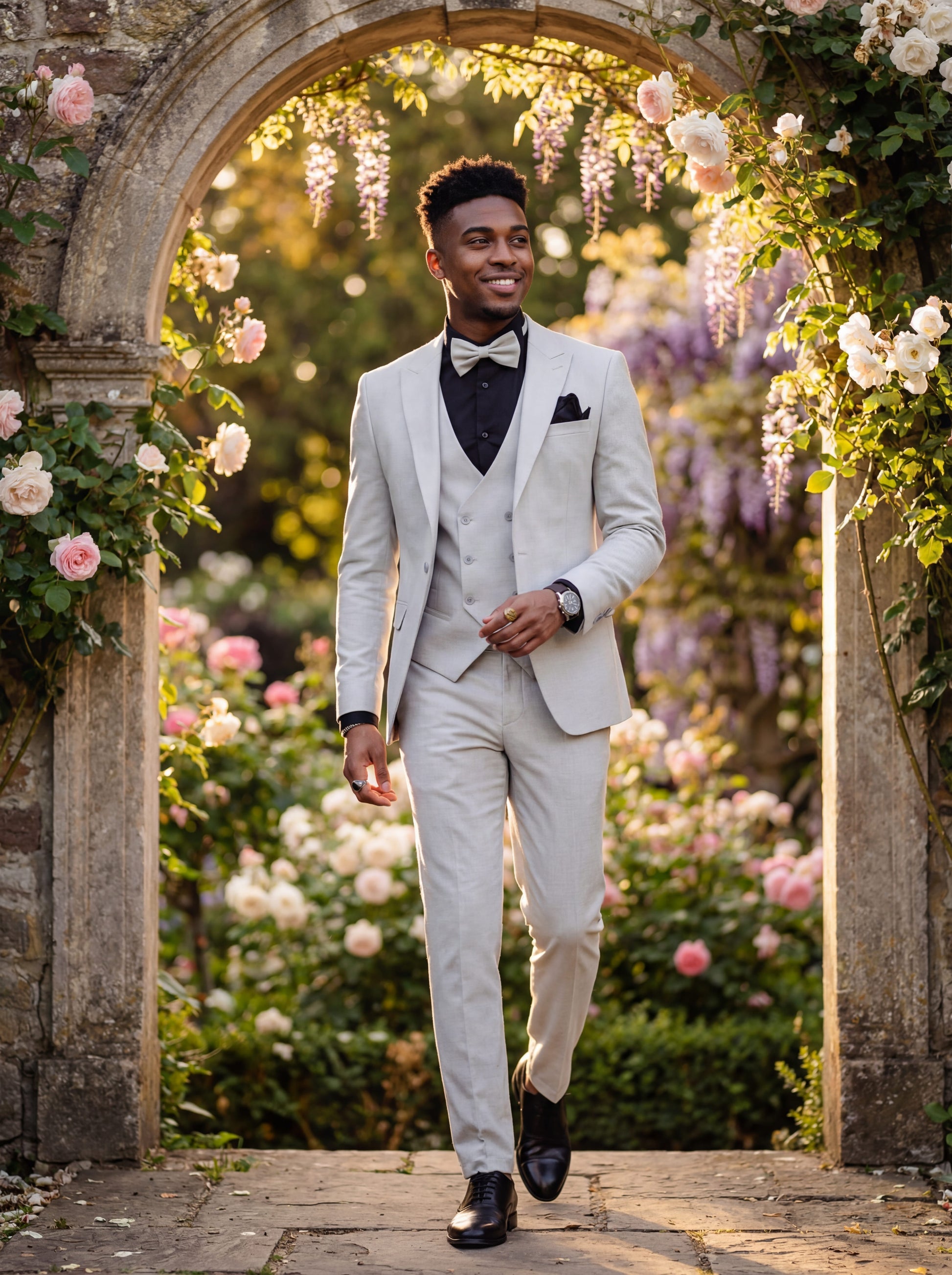 Young man wearing HolloMen's Gray Tuxedo Suit for prom, standing outdoors in a modern setting, featuring a black shirt and a stylish bow tie, showcasing a sleek and sophisticated look.