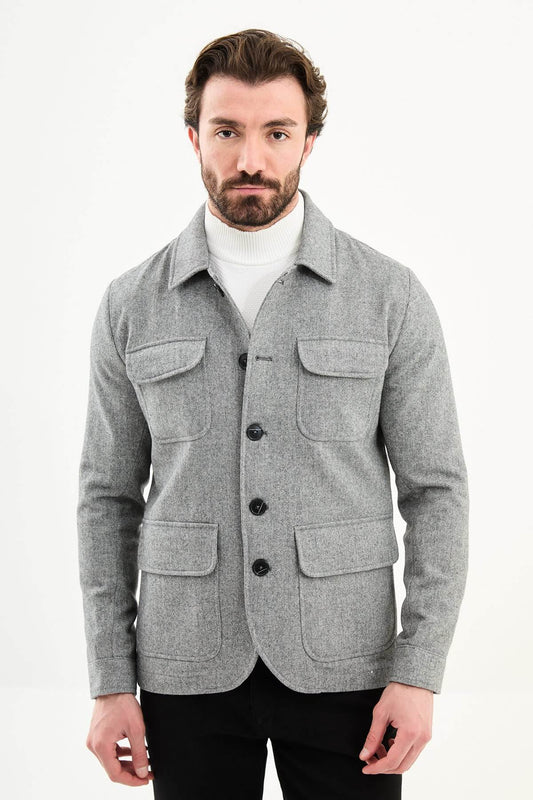 Men’s gray wool blend utility jacket with button-up front and four pockets, regular fit smart casual layering jacket styled with black trousers and white turtleneck sweater