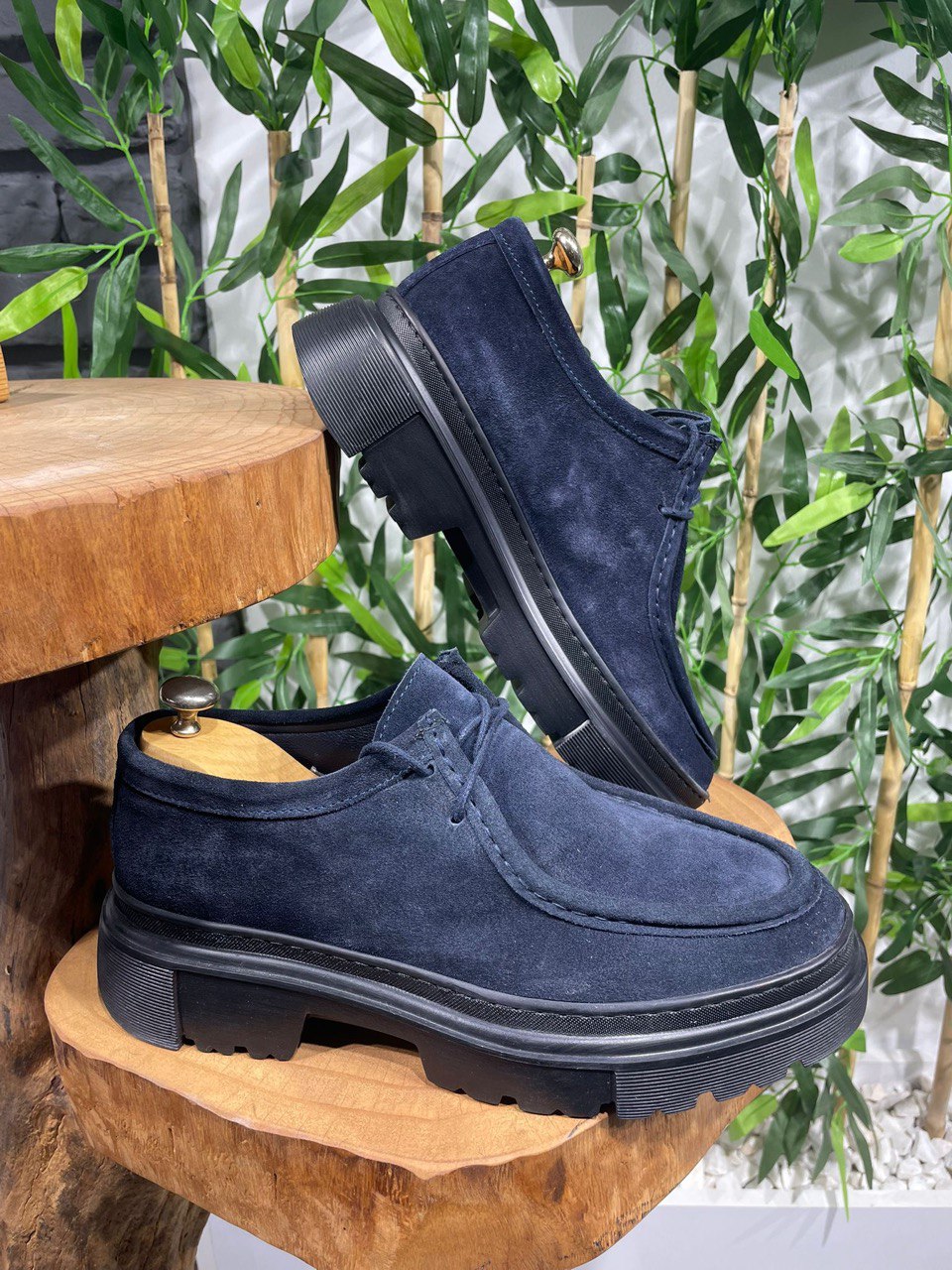 HolloMen Navy Blue Leather Chunky Sole Derby Shoes. 43