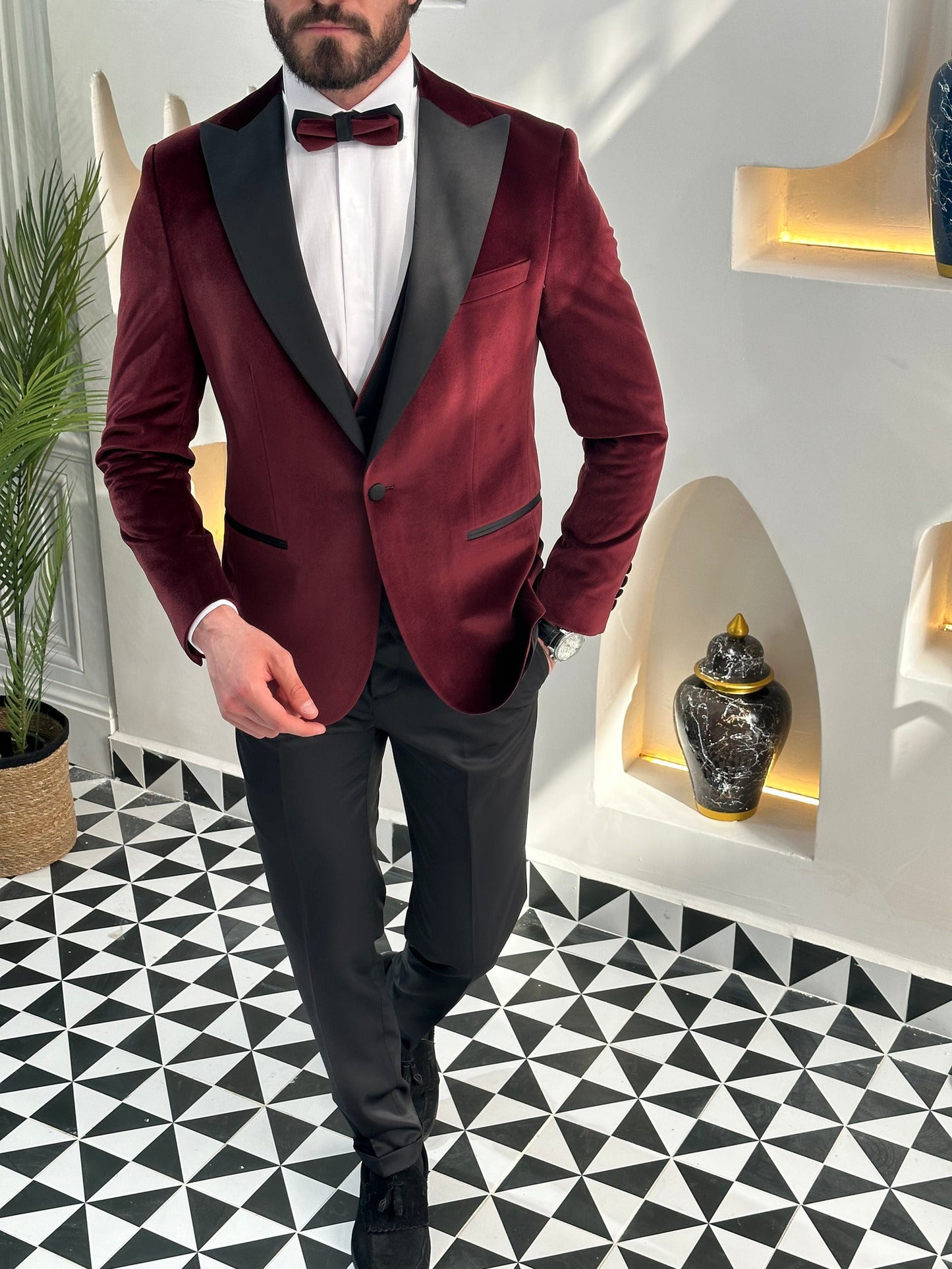 Men’s Bordeaux Velvet Peak Lapel 3-Piece Tuxedo.