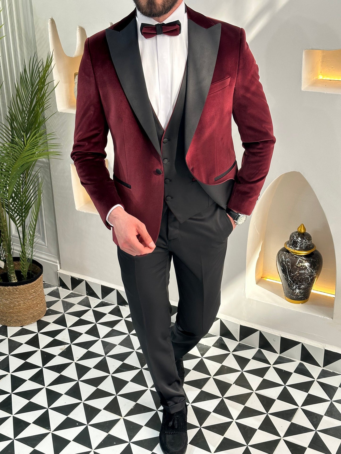 Men’s Bordeaux Velvet Peak Lapel 3-Piece Tuxedo.