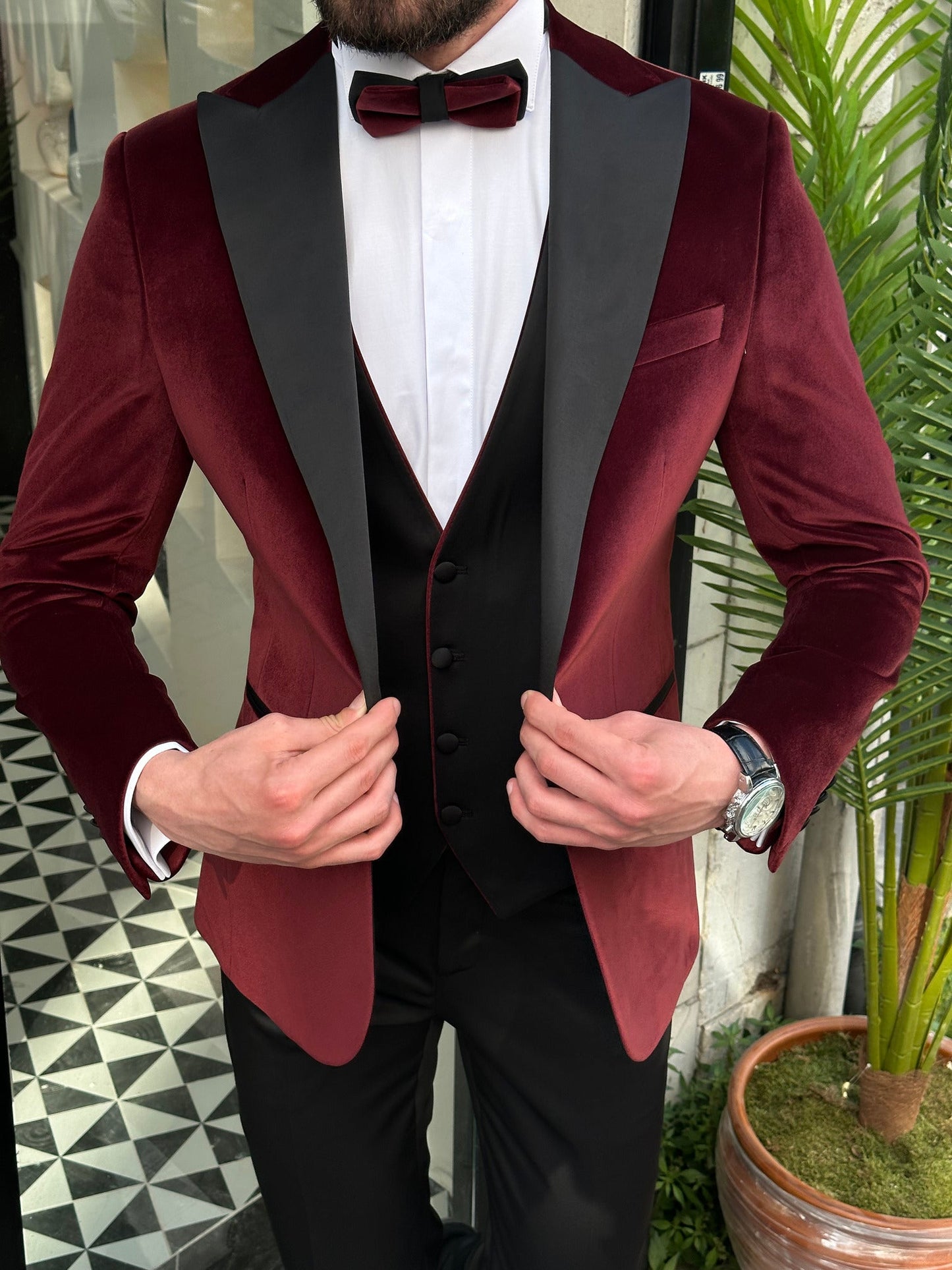 Men’s Bordeaux Velvet Peak Lapel 3-Piece Tuxedo.