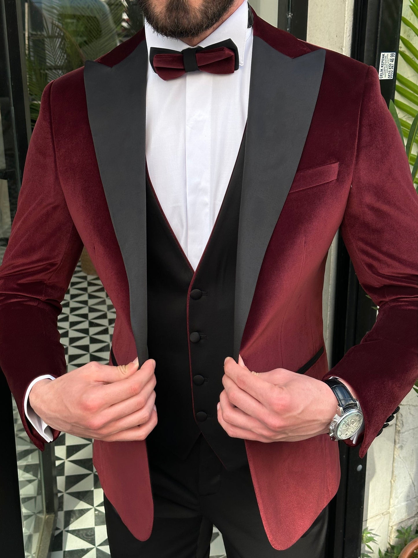 Men’s Bordeaux Velvet Peak Lapel 3-Piece Tuxedo.