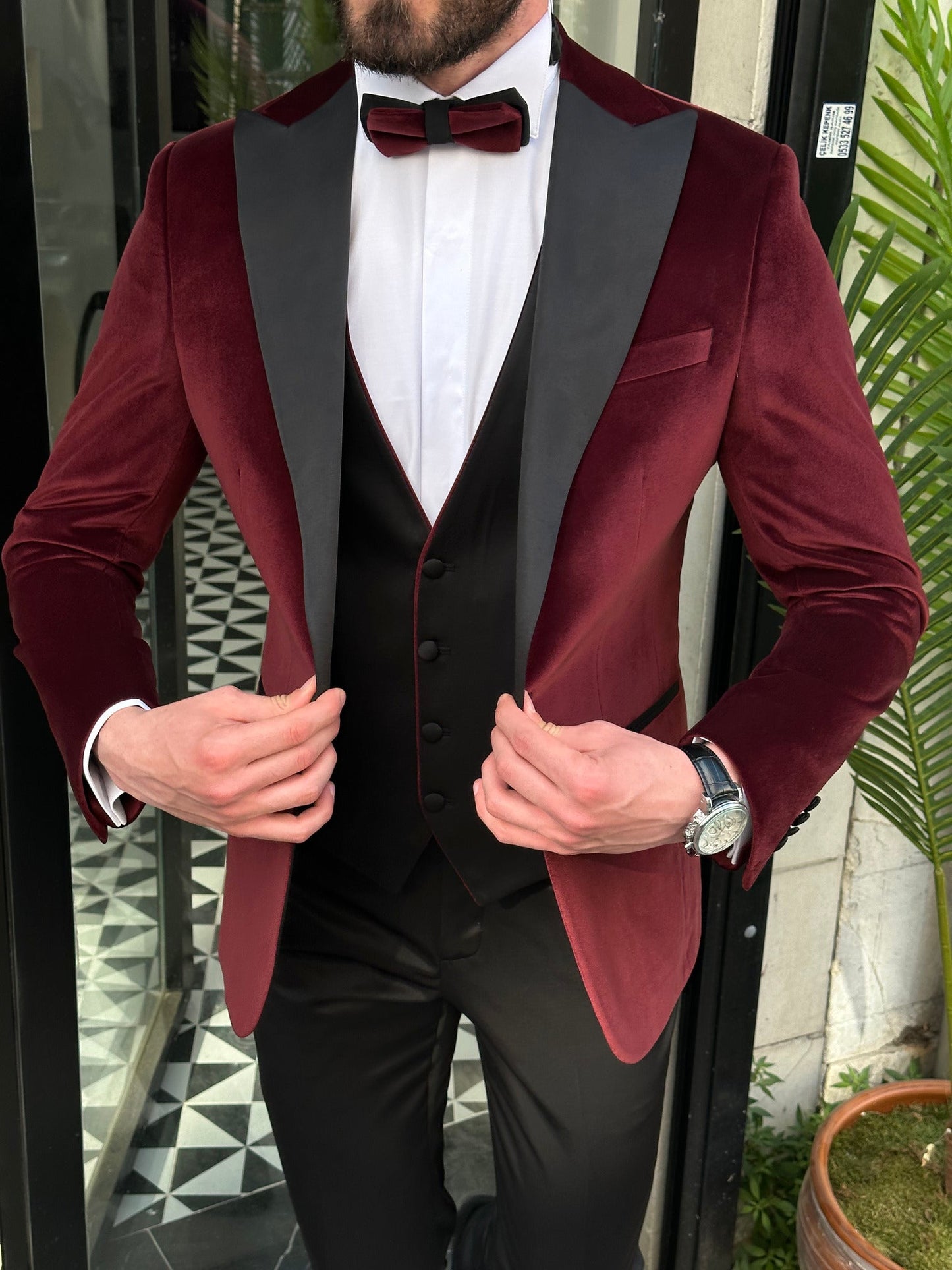 Men’s Bordeaux Velvet Peak Lapel 3-Piece Tuxedo.