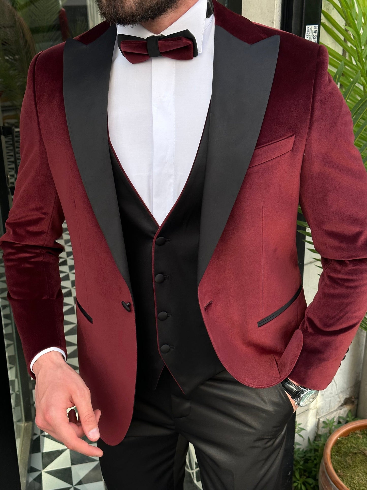Men’s Bordeaux Velvet Peak Lapel 3-Piece Tuxedo.