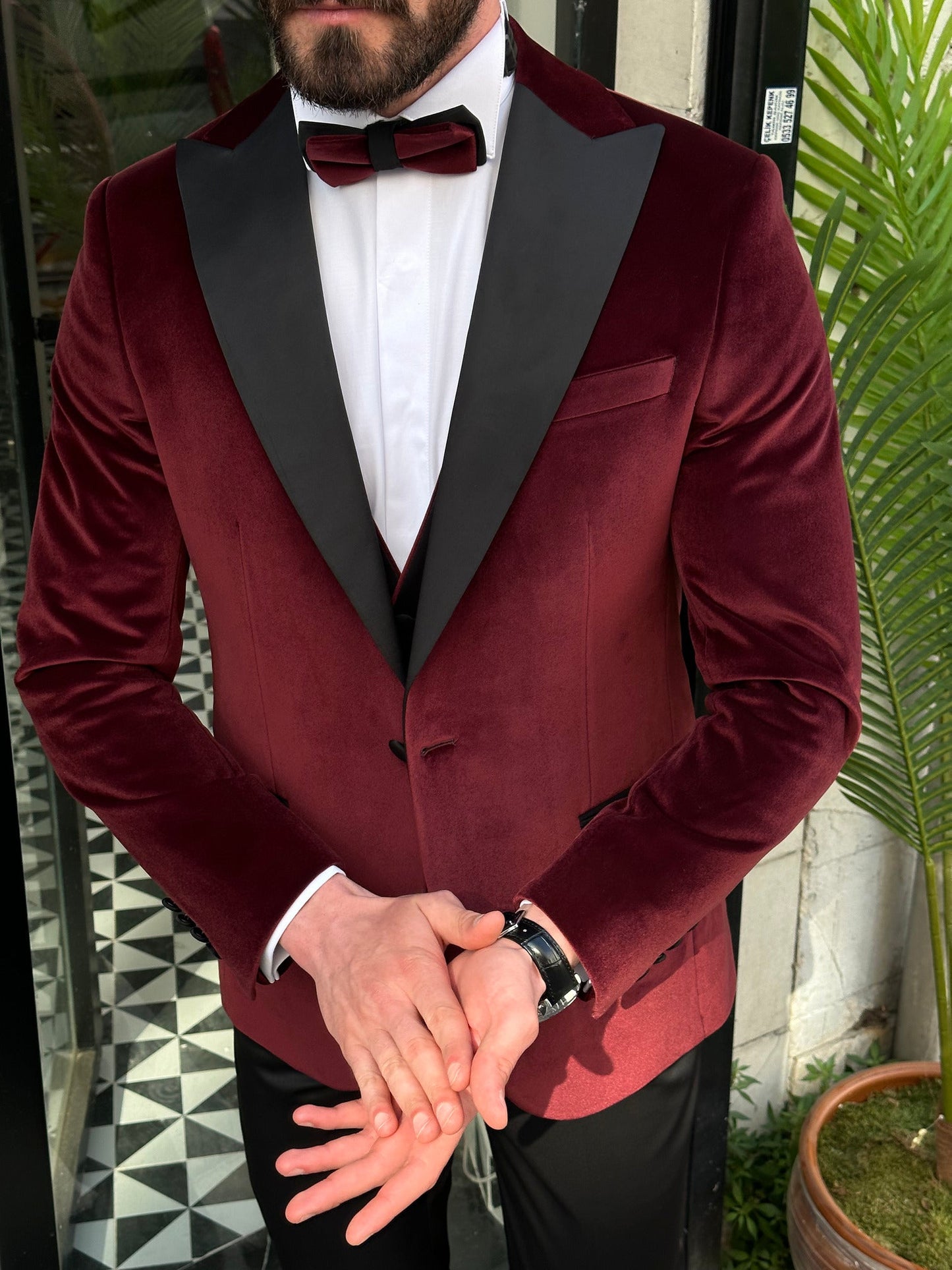 Men’s Bordeaux Velvet Peak Lapel 3-Piece Tuxedo.