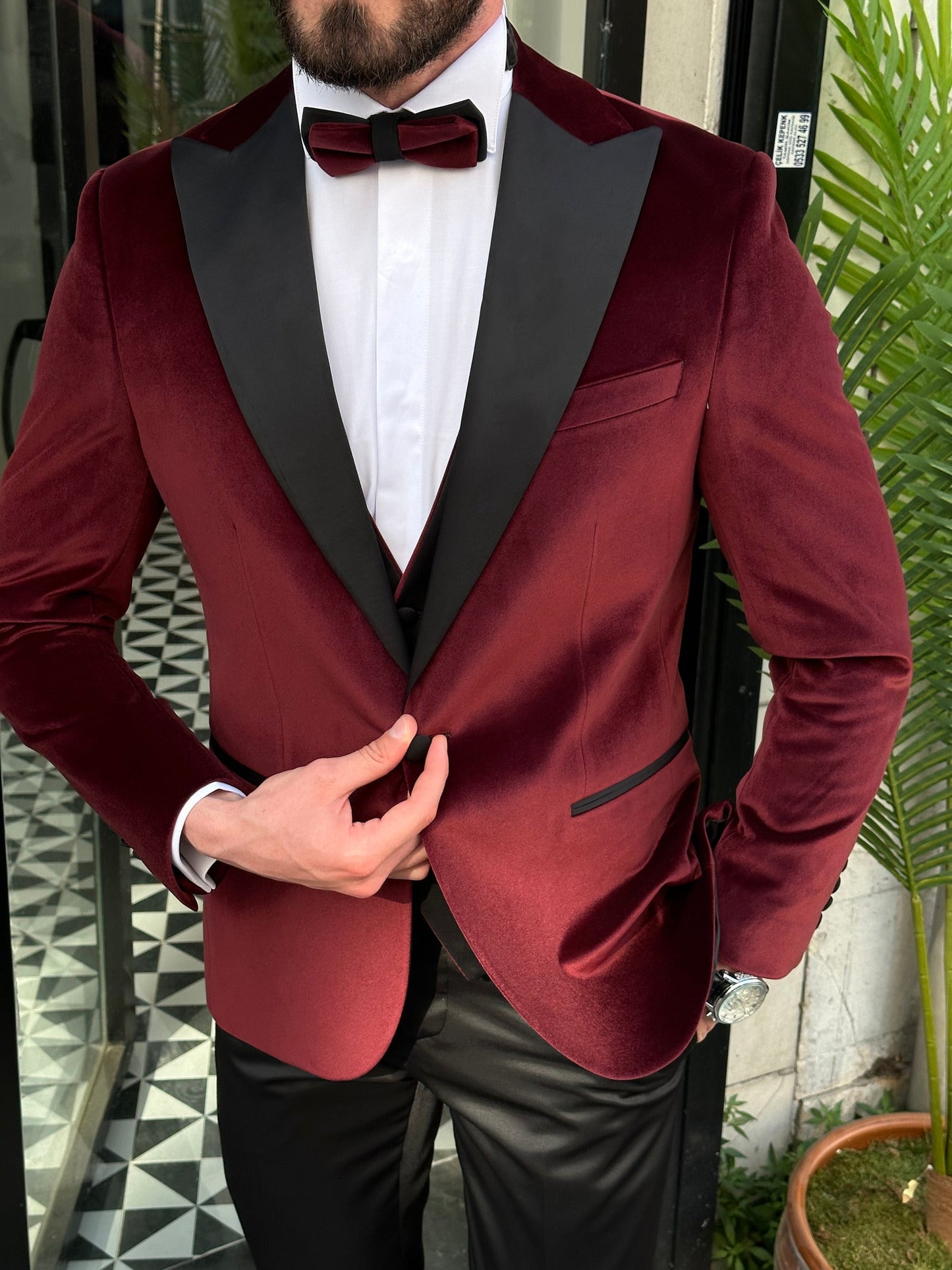 Men’s Bordeaux Velvet Peak Lapel 3-Piece Tuxedo.