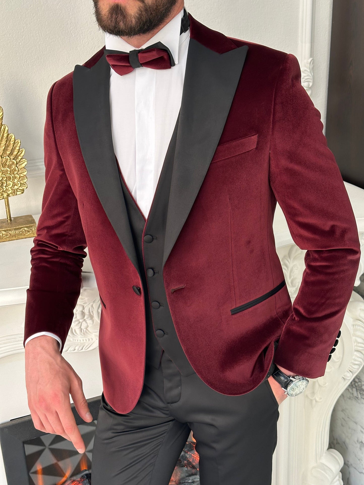 Men’s Bordeaux Velvet Peak Lapel 3-Piece Tuxedo.