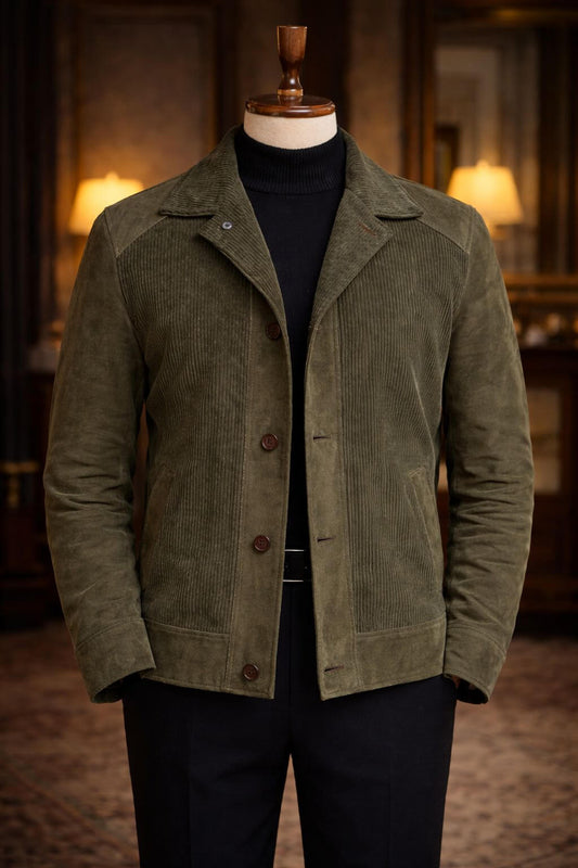 Men’s khaki slim-fit lambskin leather trucker jacket with suede side panels and under-sleeves, embossed corduroy-textured leather front and collar, horn-style buttons, styled over a black ribbed turtleneck.