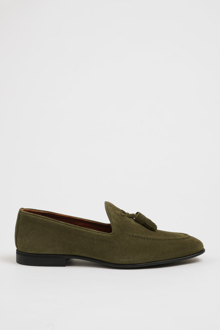 HolloShoe Khaki Suede Tassel Loafers for Men