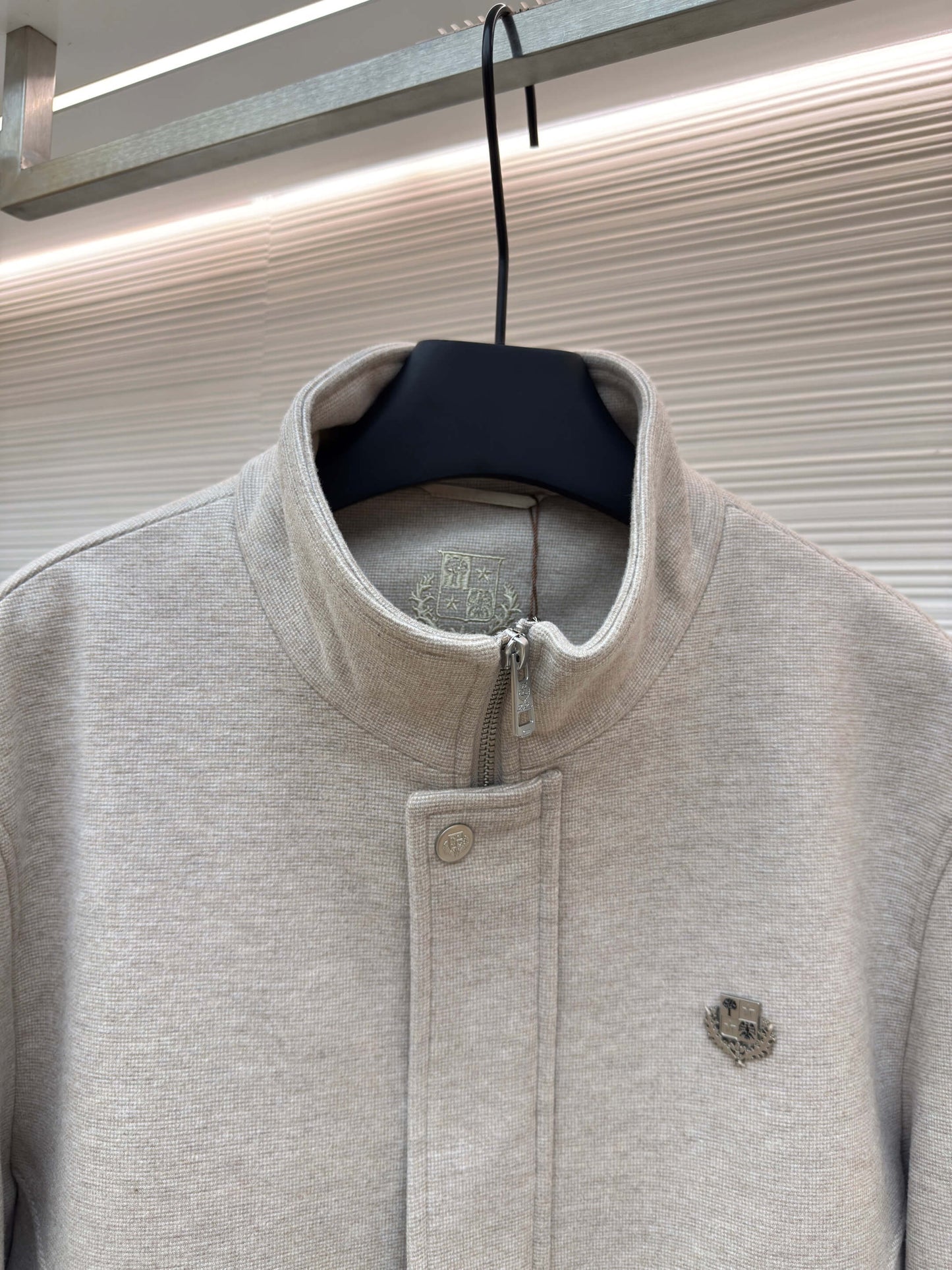 Loro Piana Stand-up Collar Minimalist Cashmere Jacket- Light Beige