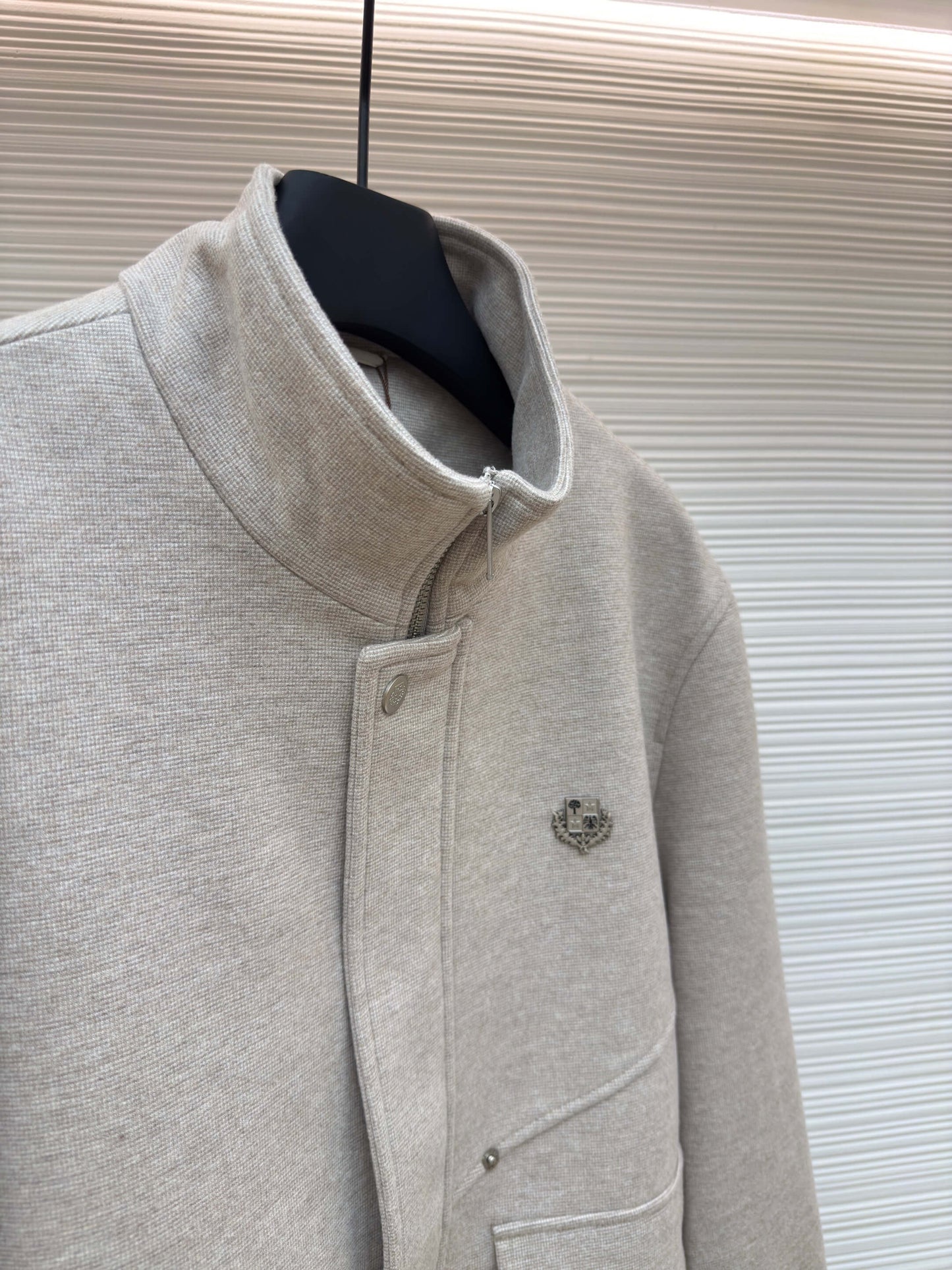 Loro Piana Stand-up Collar Minimalist Cashmere Jacket- Light Beige