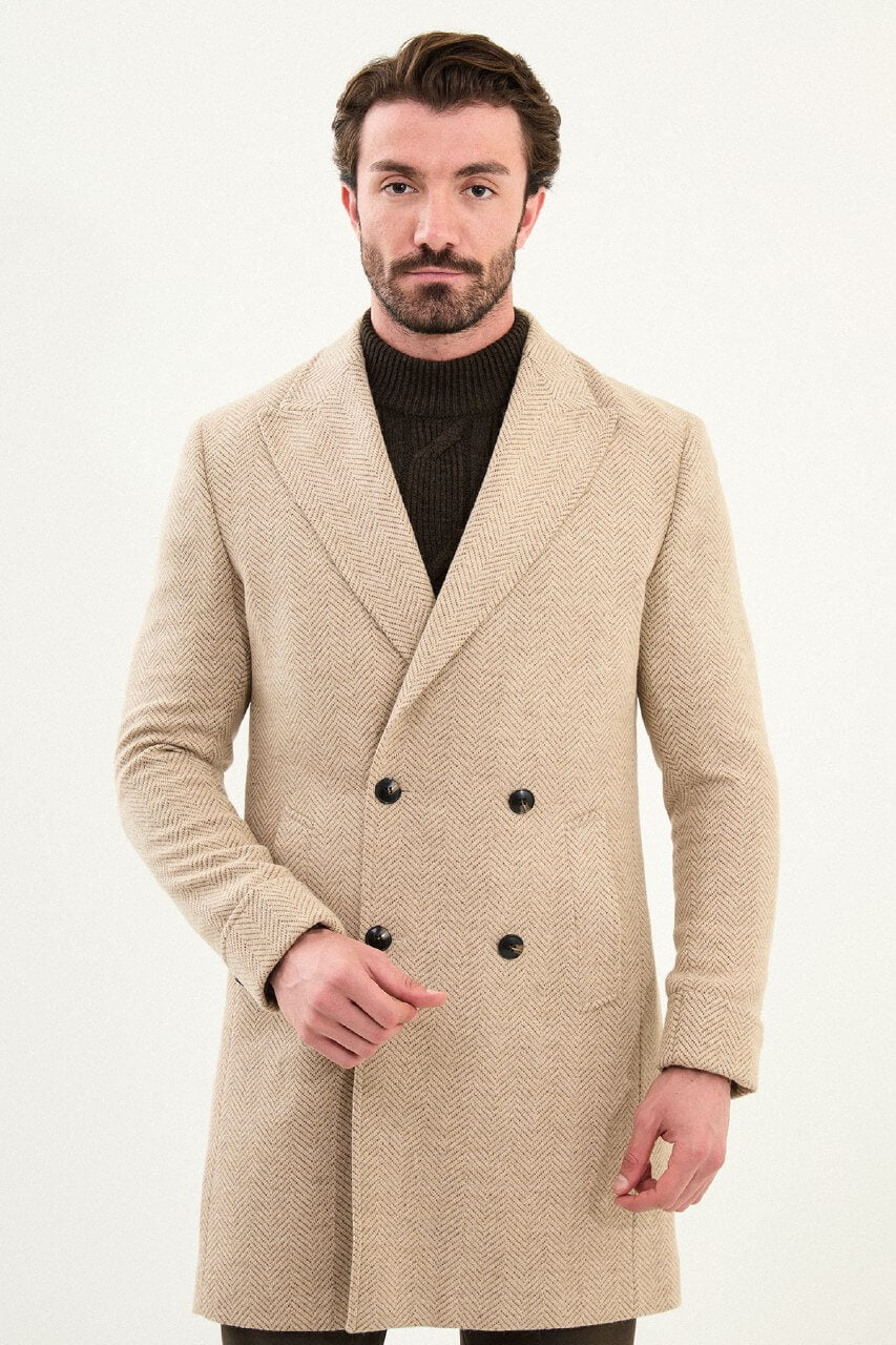 beige slim fit wide collar double-breasted coat, styled with a dark brown turtleneck sweater, front view.