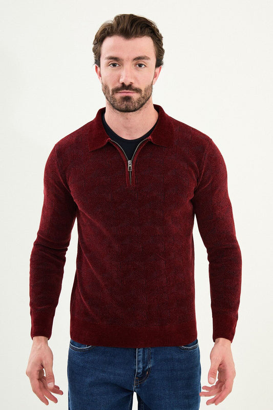 Full front view of Mcr burgundy slim fit patterned knitwear sweater styled with jeans.