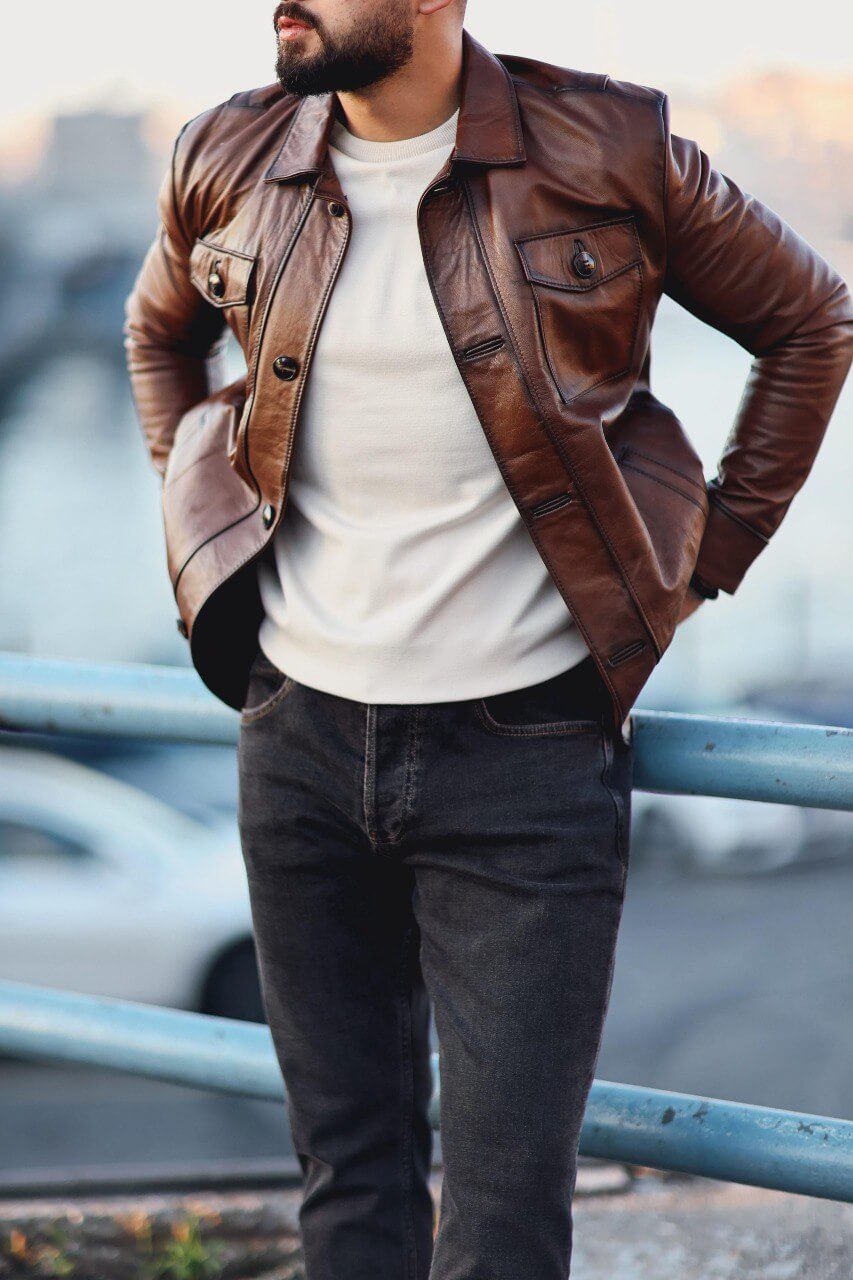 Men’s camel genuine leather jacket with front pocket detail