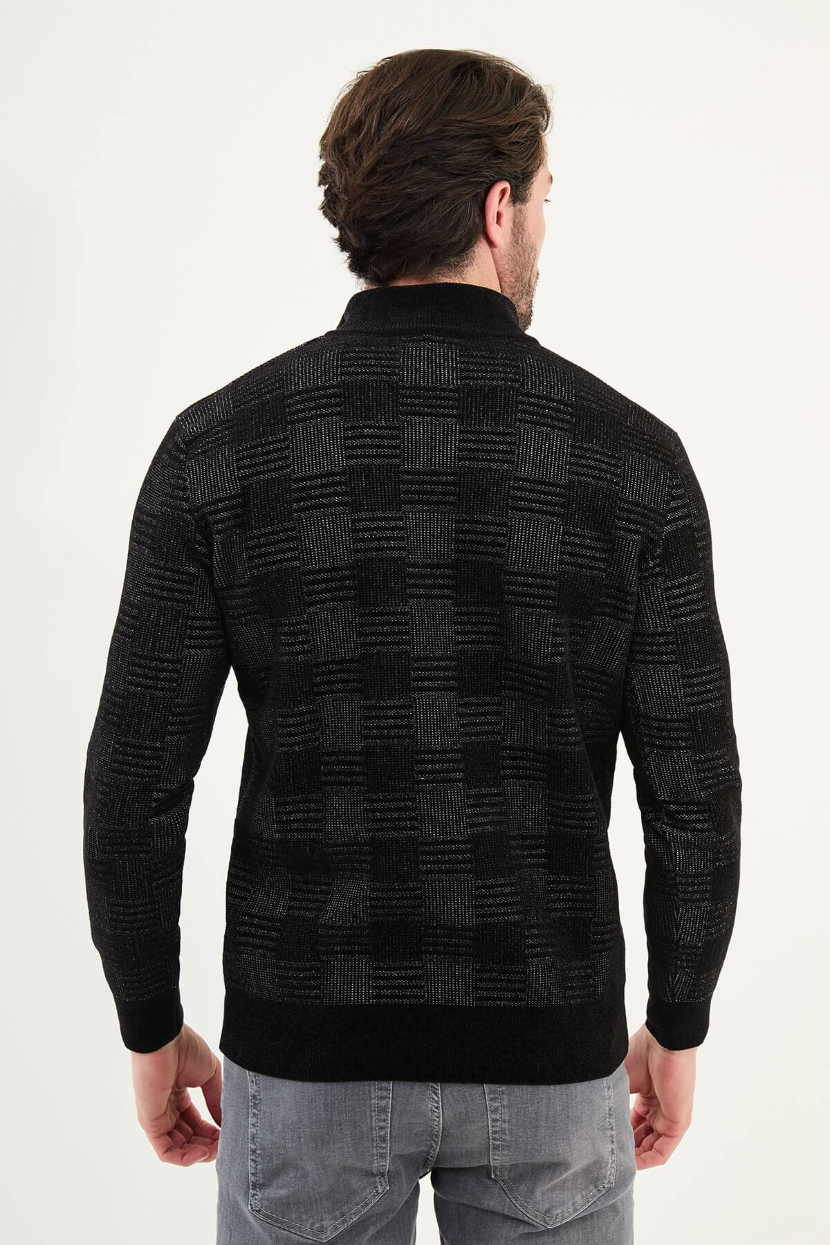 AXIST black slim fit quarter-zip sweater with geometric knit design