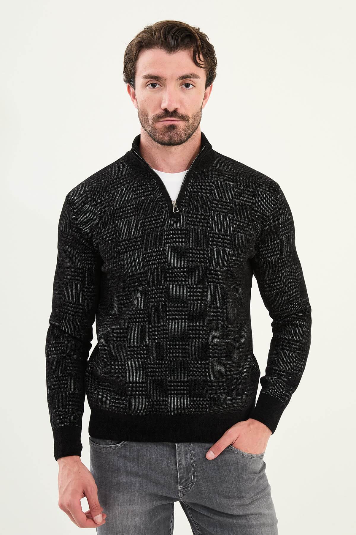 AXIST black slim fit quarter-zip sweater with geometric knit design