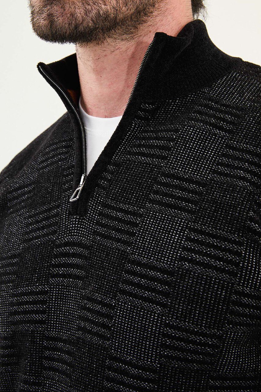 AXIST black slim fit quarter-zip sweater with geometric knit design