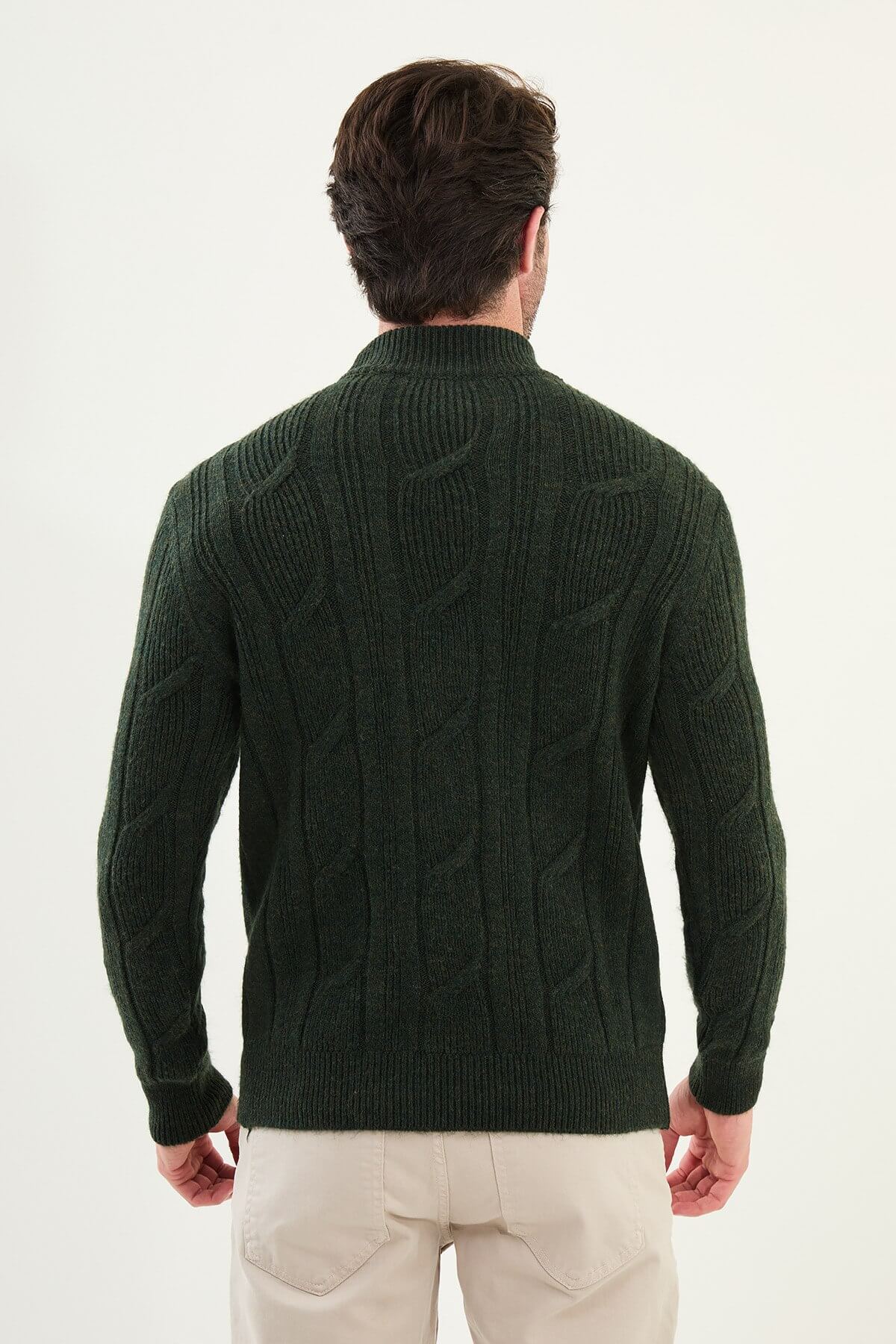 AXIST khaki green slim fit cable-knit mock neck sweater
