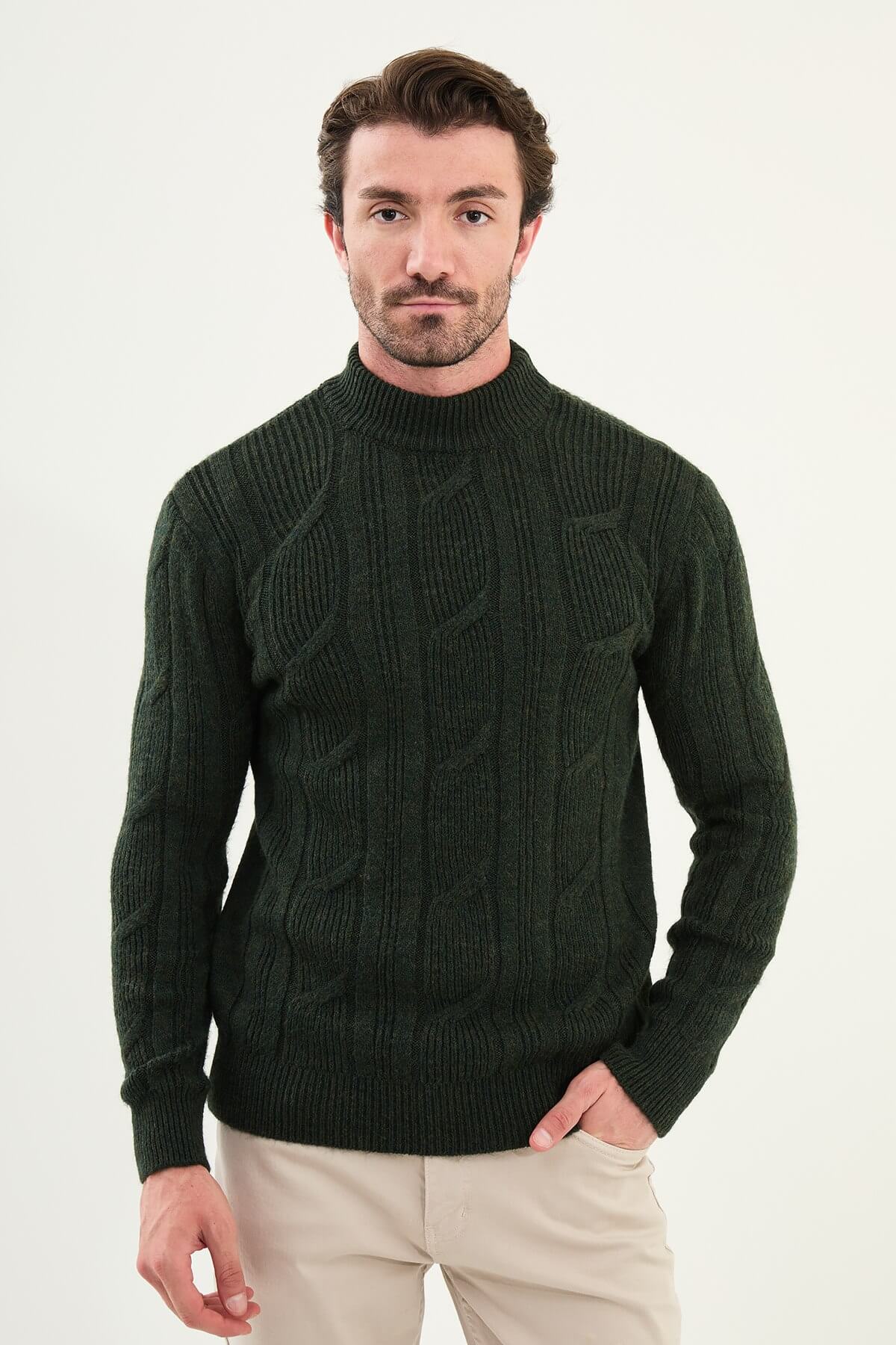 AXIST khaki green slim fit cable-knit mock neck sweater